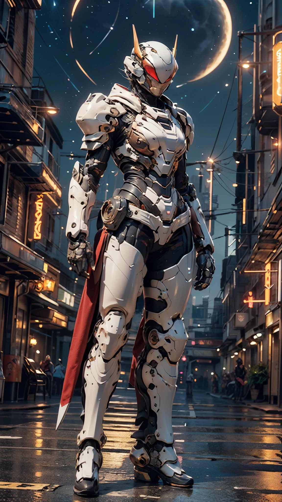 A woman adorned in fantasy-style full-body armor, a crown-concept fully enclosed helmet that unveils only her eyes, a composite layered chest plate, fully encompassing shoulder and hand guards, a lightweight waist armor, form-fitting shin guards, the overall design is heavy-duty yet flexible, ((the armor gleams with a golden glow, complemented by red and blue accents)), exhibiting a noble aura, she floats above a fantasy-surreal high-tech city, this character embodies a finely crafted fantasy-surreal style armored hero in anime style, exquisite and mature manga art style, (Queen bee mixed with Spider concept Armor, Central America woman), ((night sky, elegant, goddess, femminine:1.5)), metallic, high definition, best quality, highres, ultra-detailed, ultra-fine painting, extremely delicate, professional, anatomically correct, symmetrical face, extremely detailed eyes and face, high quality eyes, creativity, RAW photo, UHD, 32k, Natural light, cinematic lighting, masterpiece-anatomy-perfect, masterpiece:1.5