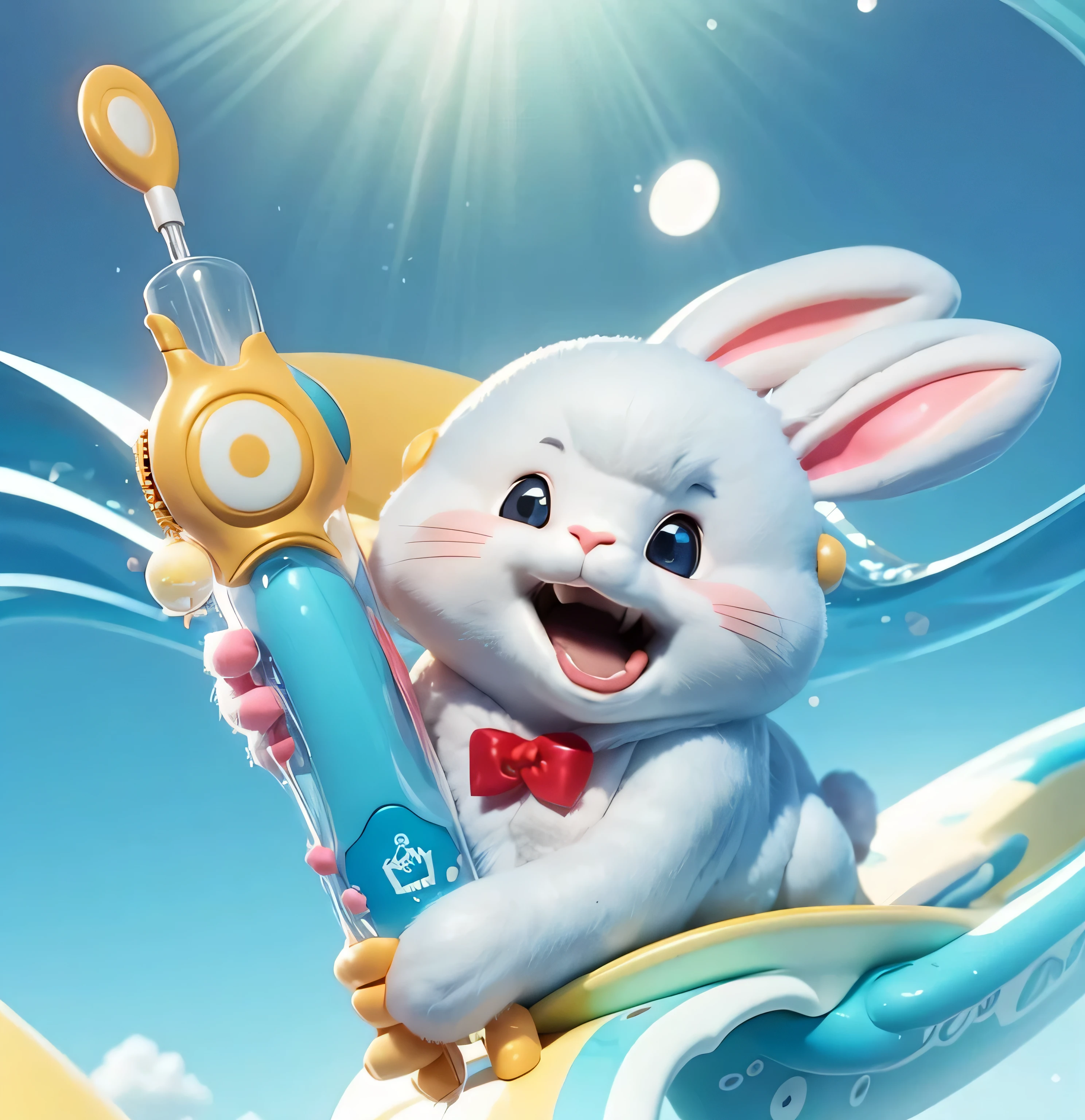 Cyan sky,cloudist,Yellow Cloud,gradient color,translucent,HD,good quality,optimal,Rabbit holds a technological toothbrush,surf,Smile,small mouth