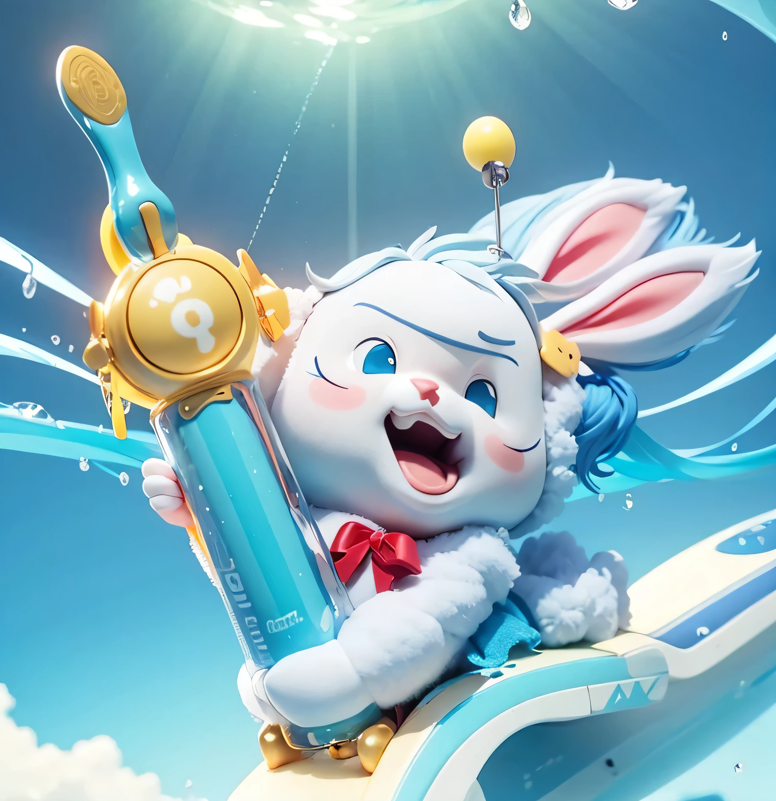 Cyan sky,cloudist,Yellow Cloud,gradient color,translucent,HD,good quality,optimal,Rabbit holds a technological toothbrush,surf,Smile,small mouth