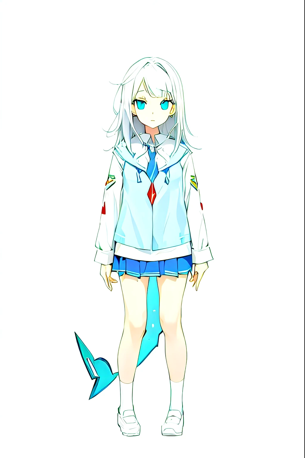 girl with white hair and blue highlights, blue skirt, magical school student uniform, single character full body,