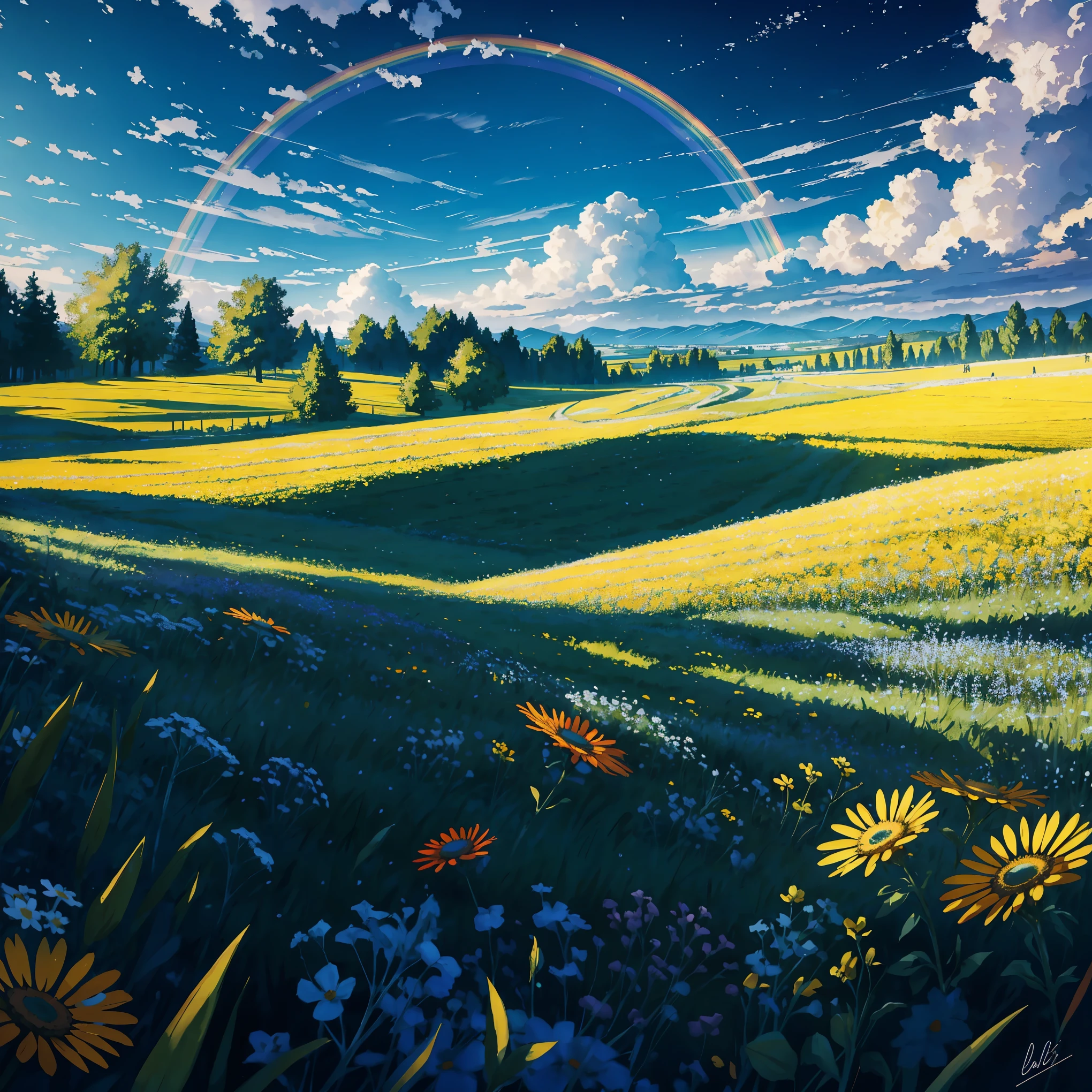 (par le bas, le ciel au dessus, open des champs below), ciel bleu, nuages blancs, soleil, soleillight, des champs, montagnes, des arbres, papillon, prairies, fleurs, vent, soleilshine, (composition dynamique: 1.4), Rich details, Riche en couleurs, (Couleurs arc-en-ciel: 1.2), (lumineux, lighting&#39;ambiance), dreamer, magique,