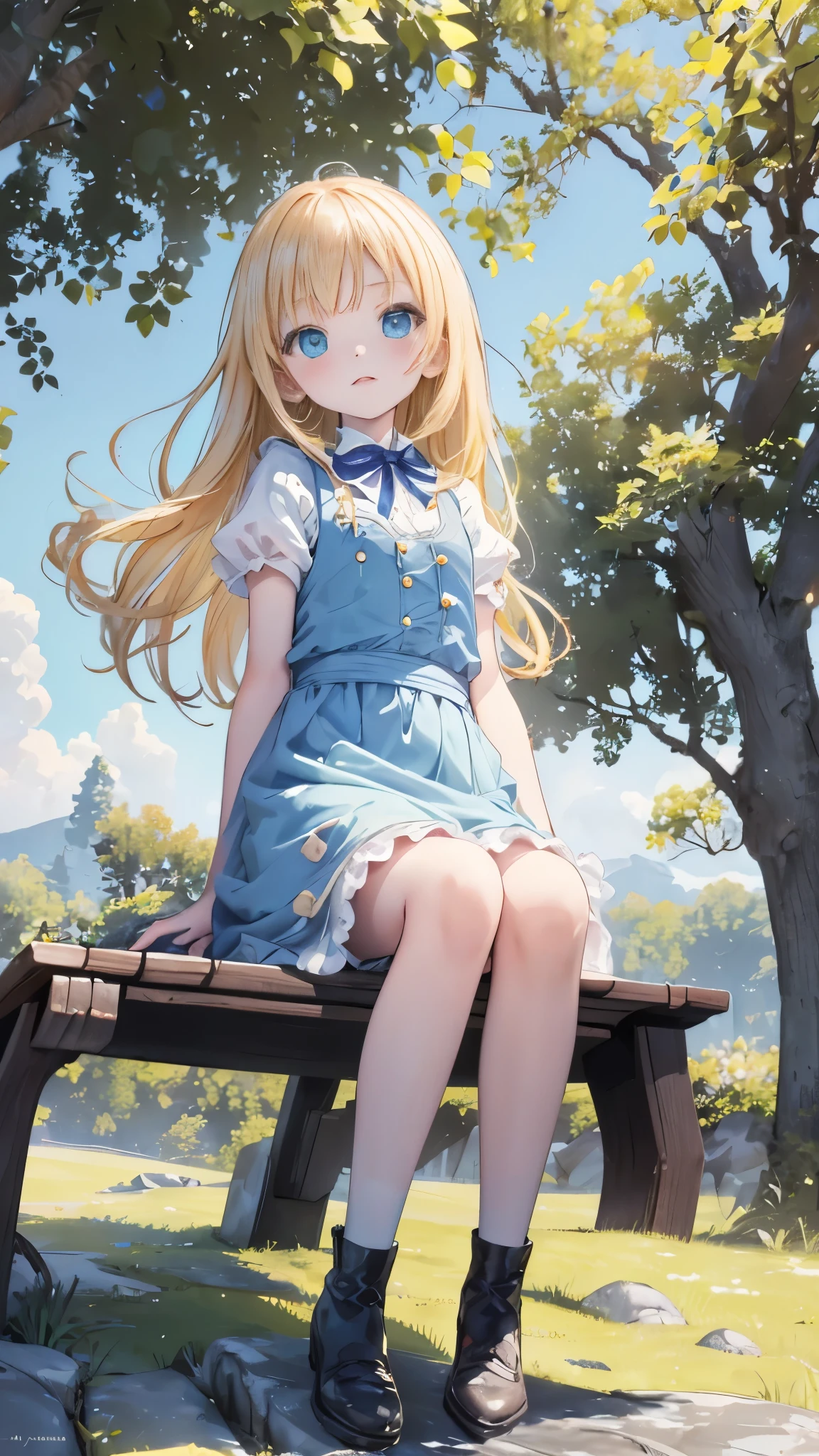 High resolution, (An illustration: 1.3), anime、((highest quality)), (Super detailed), (beautiful), ((peaceful countryside scenery、sitting on a stone bench and sunbathing:1.3)), alone,(8-year-old:1.4)、cute face、(alice in wonderland costume:1.4),white and transparent skin、(blue ribbon on head:1.3)、Shiny pale colorful blonde long hair,overjoyed face、(low position、from below:1.3)