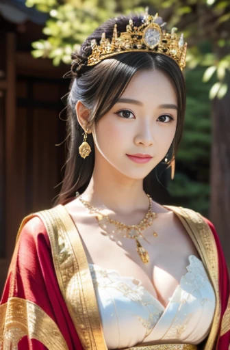 Arafi woman in kimono with gold crown and pearl necklace, beautiful fantasy empress, palace ， girl in hanfu, japanese goddess, ((beautiful fantasy empress)), ancient chinese princess, Beautiful depiction of the Tang Dynasty, trending on cgstation, Asian, japonism 3d 8k super detailed, anime goddess