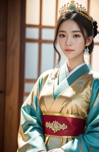 Arafi woman in kimono with gold crown and pearl necklace, beautiful fantasy empress, palace , girl in hanfu, japanese goddess, ((beautiful fantasy empress)), ancient chinese princess, Beautiful depiction of the Tang Dynasty, trending on cgstation, Asian, japonism 3d 8k super detailed, anime goddess
