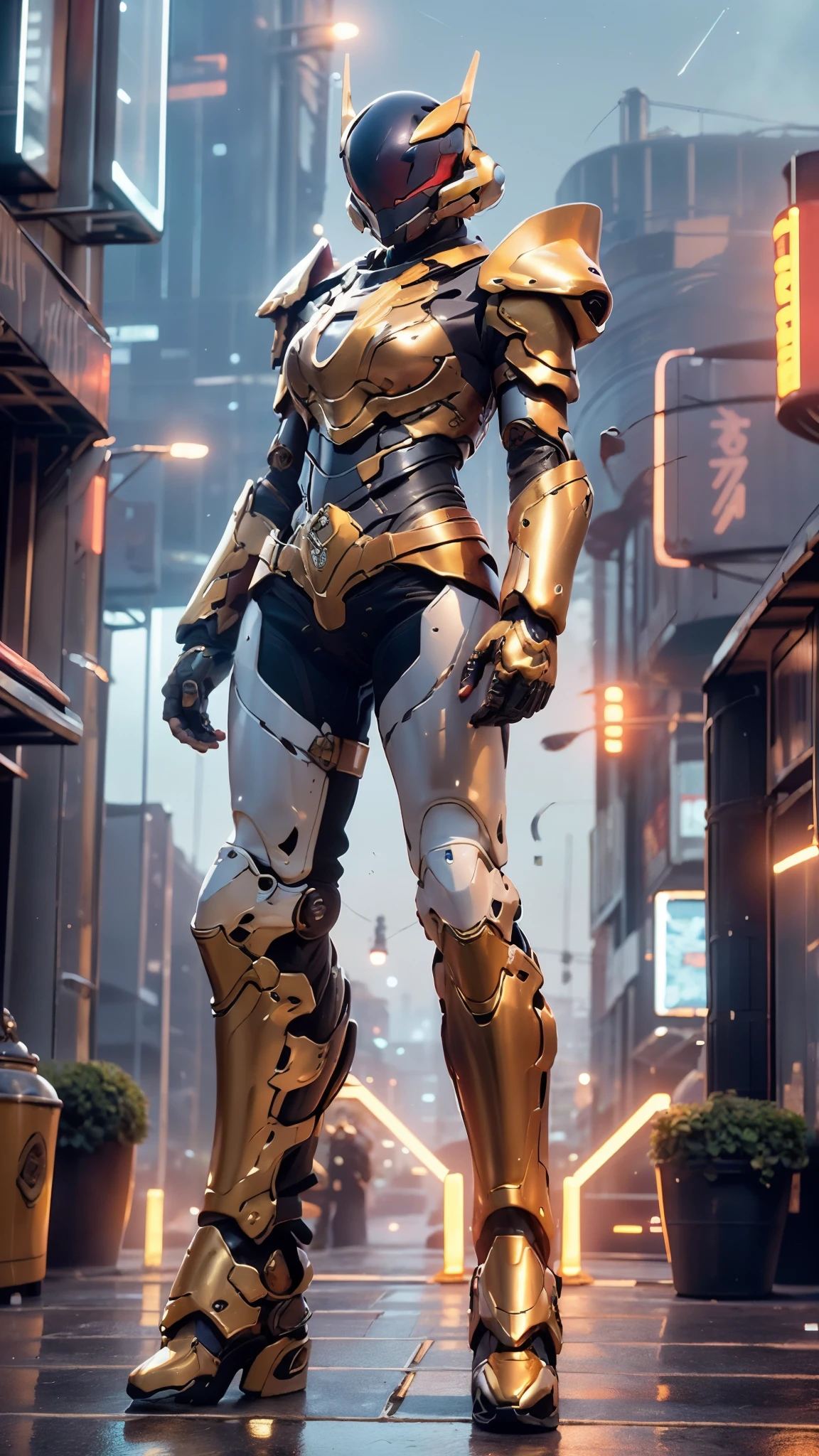 A woman adorned in fantasy-style full-body armor, a crown-concept fully enclosed helmet that unveils only her eyes, a composite layered chest plate, fully encompassing shoulder and hand guards, a lightweight waist armor, form-fitting shin guards, the overall design is heavy-duty yet flexible, ((the armor gleams with a golden glow, complemented by red and blue accents)), exhibiting a noble aura, she floats above a fantasy-surreal high-tech city, this character embodies a finely crafted fantasy-surreal style armored hero in anime style, exquisite and mature manga art style, (Queen bee mixed with Spider concept Armor, Central America woman), ((night sky, city night view, elegant, goddess, femminine:1.5)), metallic, high definition, best quality, highres, ultra-detailed, ultra-fine painting, extremely delicate, professional, anatomically correct, symmetrical face, extremely detailed eyes and face, high quality eyes, creativity, RAW photo, UHD, 32k, Natural light, cinematic lighting, masterpiece-anatomy-perfect, masterpiece:1.5
