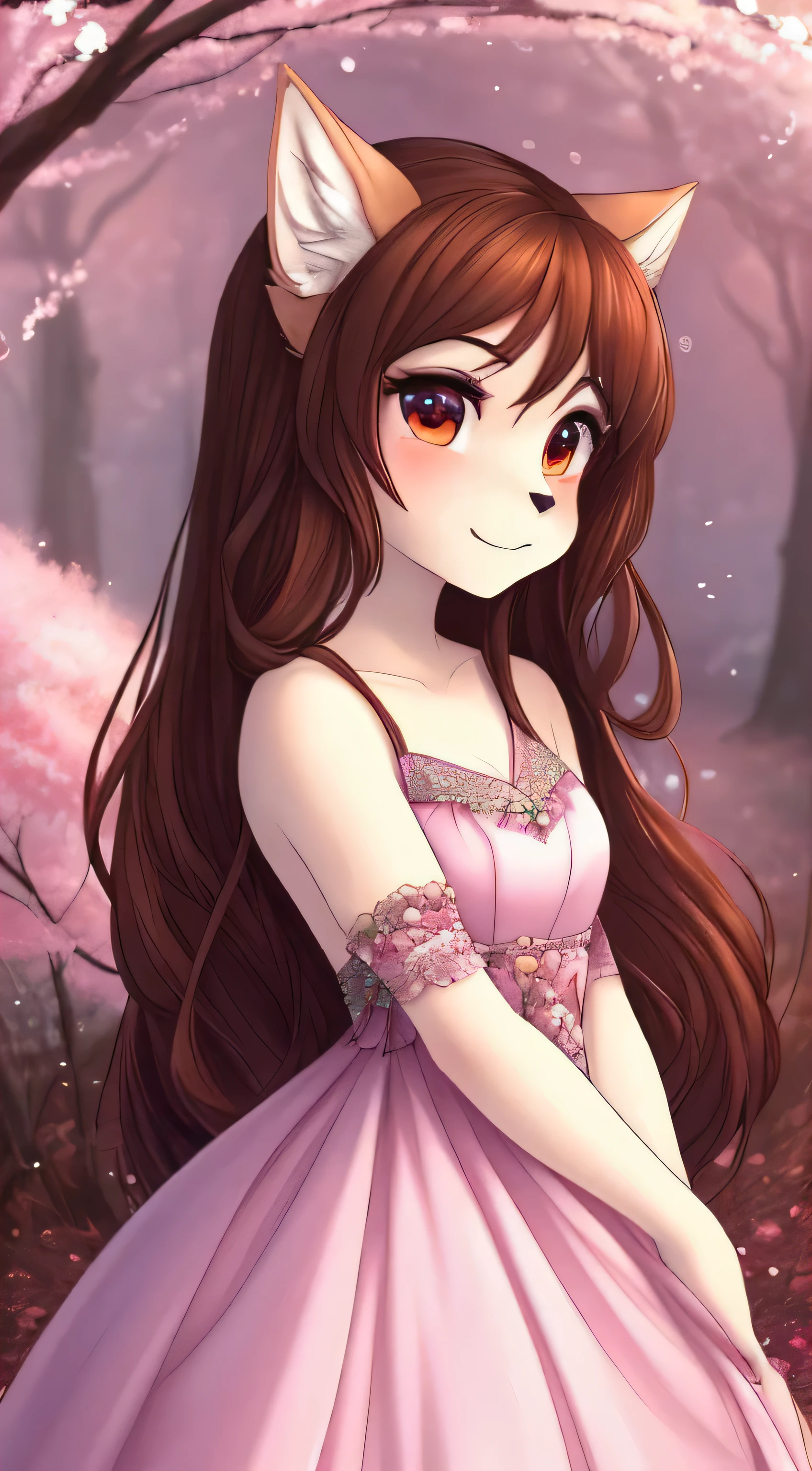 A masterpiece in best quality, a captivating portrait of a solitary girl, subtly expressing a slight smile. Cherry blossoms in full bloom scatter the scene, their petals dancing in the sunlight's dappled glow. A butterfly alights gracefully on a nearby grassy mound, its intricately detailed wings shimmering in the light. The girl, with ears shaped like graceful wolf ears, has long, cascading brown hair and a wolf tail curled at her feet. Her eyes, vibrant and alive, are the color of rich red wine, adding depth to her enchanting demeanor. With a gentle breeze rustling her hair, she ex
