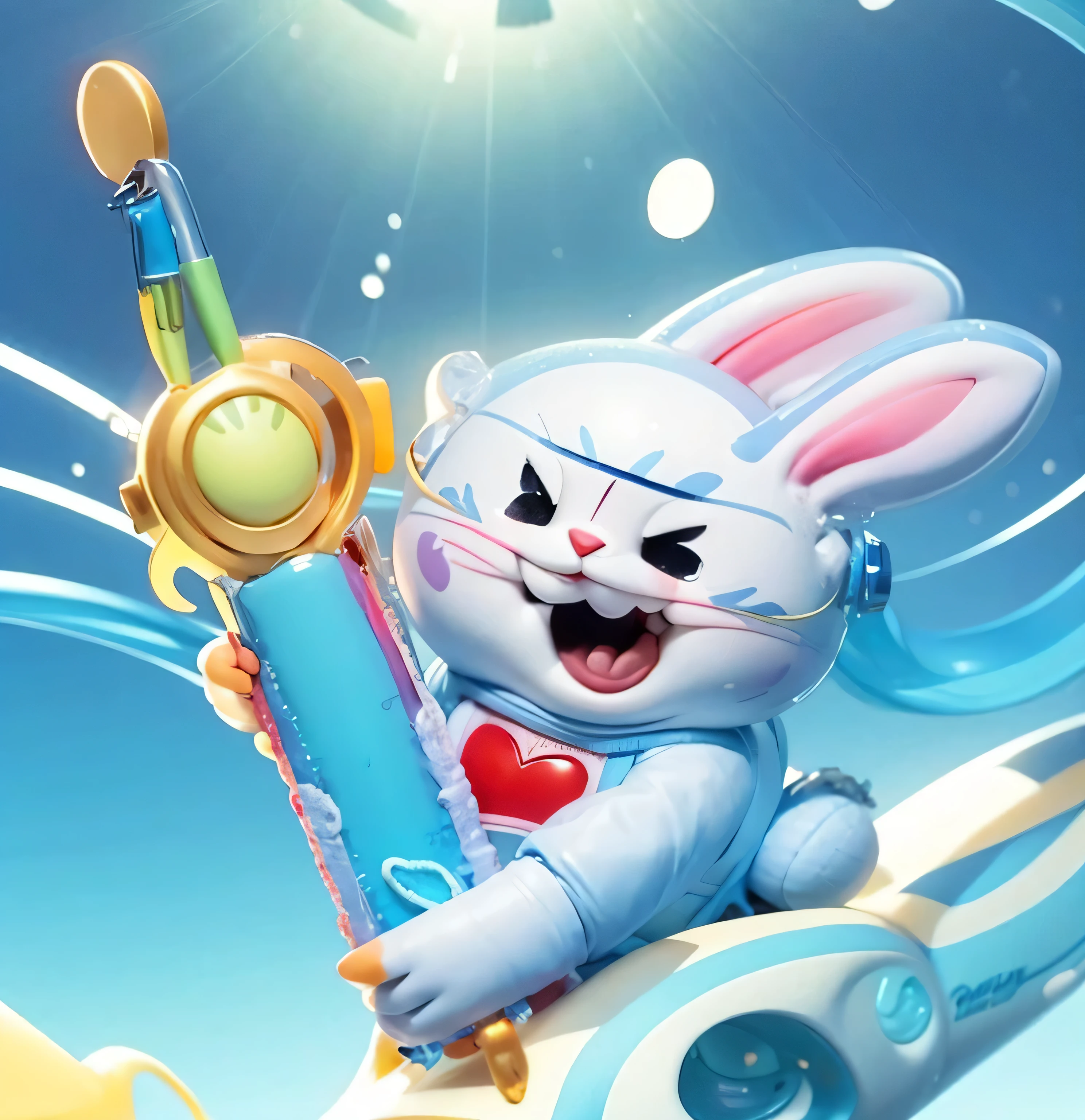 Cyan sky,cloudist,Yellow Cloud,gradient color,translucent,HD,high quality,optimal,Rabbit holds a technological toothbrush,surf,Smile,small mouth