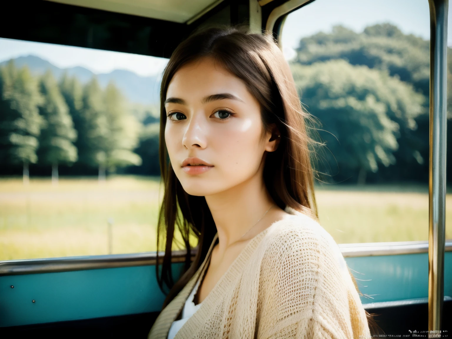 high quality, 最high quality, realistic, RAW photo, realistic, Super realistic8K,Super detailed, High resolution, masterpiece, 1 girl, 18-year-old, beautiful face of woman, elegant, long hair, blue eyes, Light brown eyes, intricate details, detailed texture, small details, front , Model Posing,A retro old bus covered with fern plants,whole body,outside,A bus in a magnificent grassland,Japanese,black hair,Super realistic