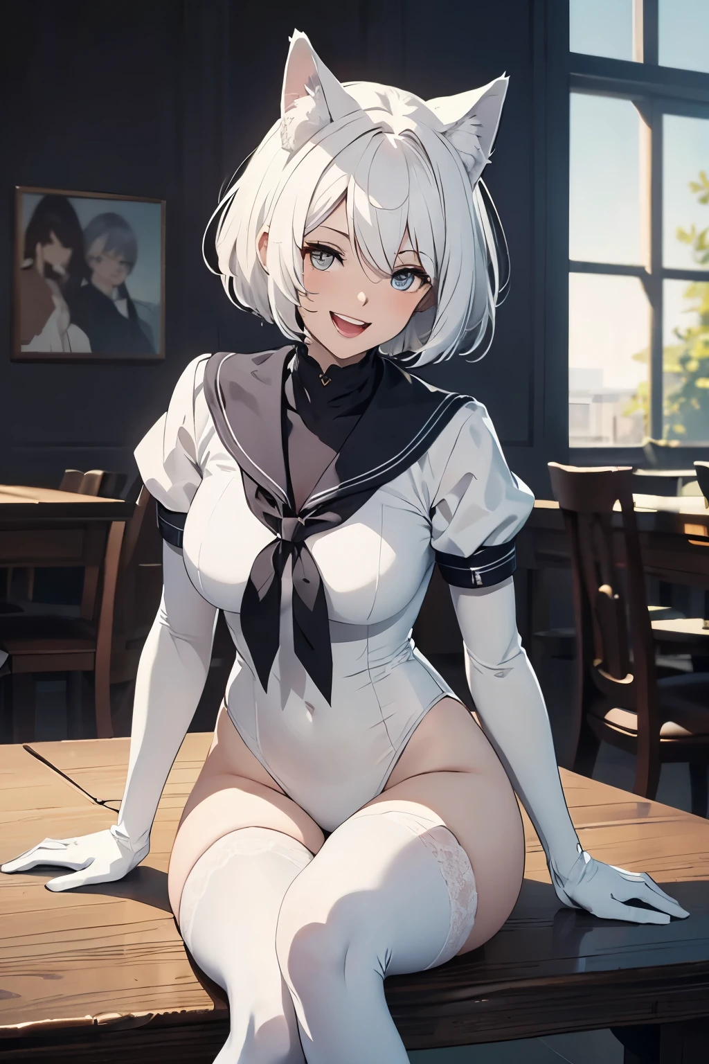 table top　High level image quality　best image quality　8k　 adult woman　portrait　white long gloves（elbow gloves）　white stockings　sailor suit（leotard）　white wolf ears　short hair（（shortcut）（pure white hair）（perm）（fluffy））　eye color is blue　attractive face（（laughter）（smile）（open your mouth））　beautiful feet