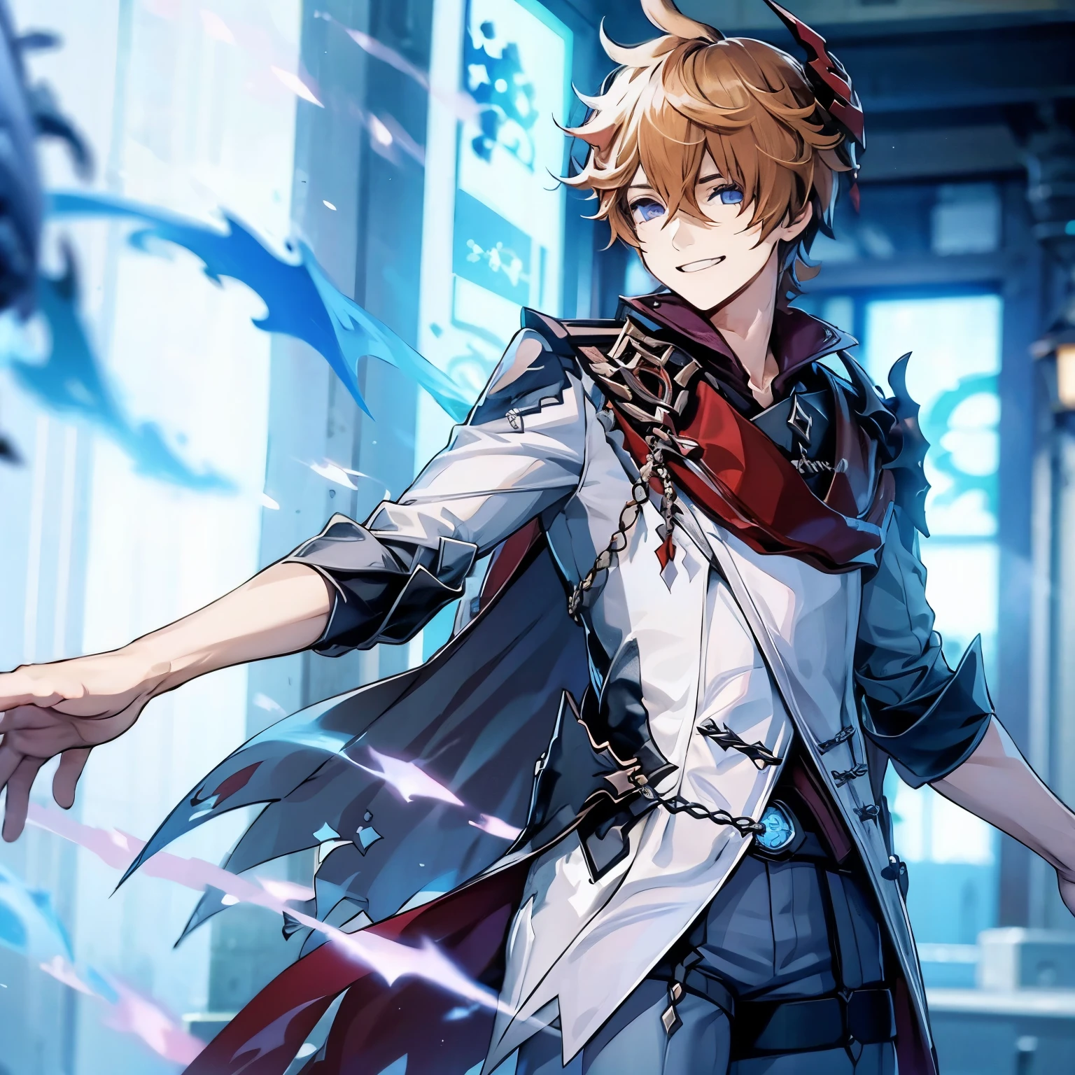 genshin impact,tartaglia,1boy solo,cool,smiling,beautiful,narrow your eyes,blue eyes