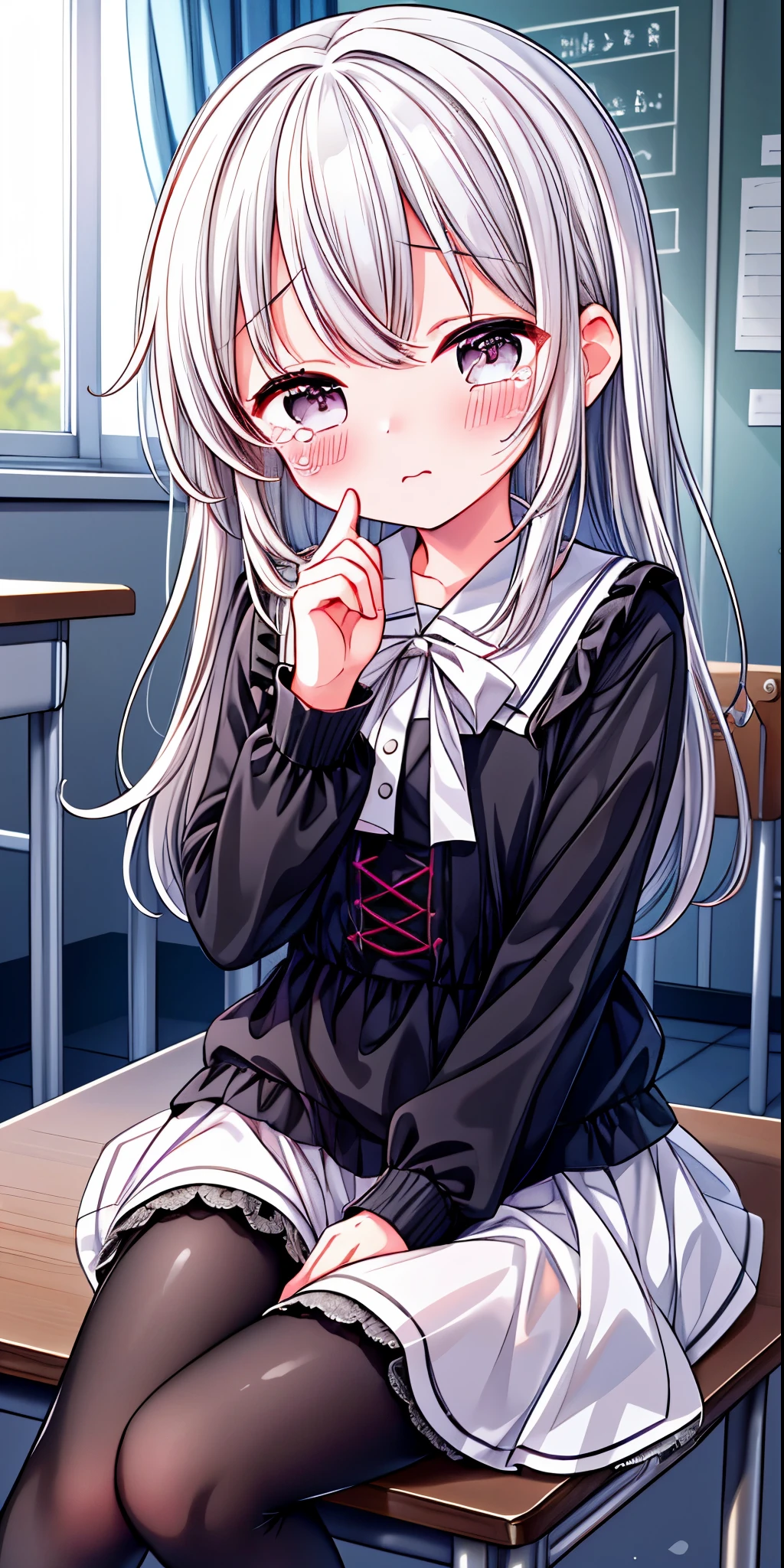 Black lace-up boots，white pantyhose，blush害羞，classroom scene，girl，，((absurd)), ((on the table)), (best quality), (lens flare), (Super detailed), (beautiful), ((cute girl)), alone, beautiful face, White skin, on the table, (10 : 1.3), , 、A girl goes to the toilet、 permanent, is crying, close her eyes, tears flow from eyes, Embarrassment comes from, blush), (girl is peeing: 1.2),, look away, sitting, Awkward, blush, The mouth opens slightly, classroom (girl leaking urine): 1.5)
