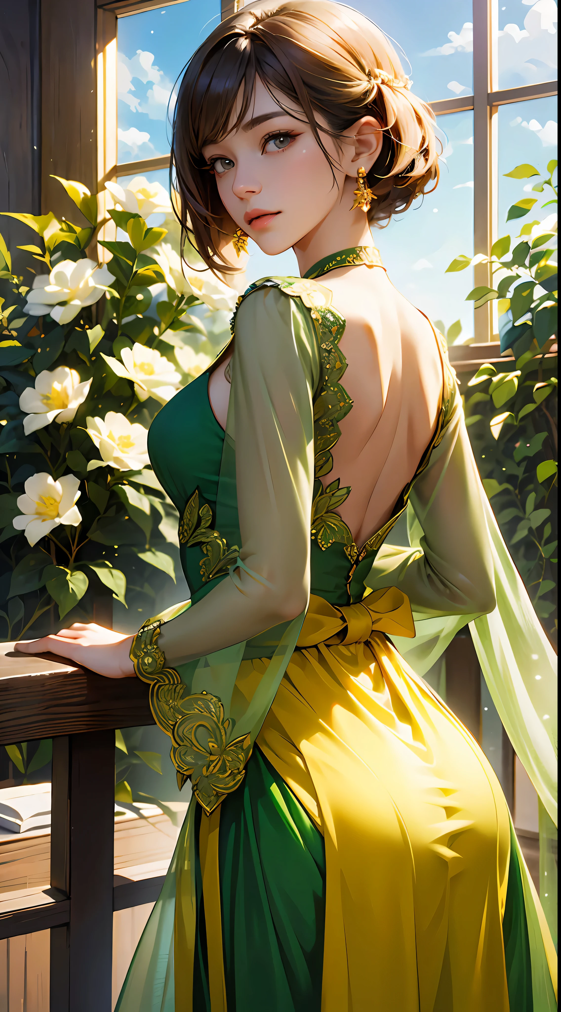 (airport:1), PM, (Green Gown:1), Golden Fringe Shorthair, Light brown eyes, 1girl in, 20yr old, Innocence, (Photorealsitic), (intricate-detail:1.2),(masterpiece, :1.3),(top-quality:1.4), (超A high resolution:1.2), 超A high resolution, (A detailed eye), (detailed facial features), nffsw, 8k resolution, (lensflare:0.7), Looks Back, Busy with inspection reports,