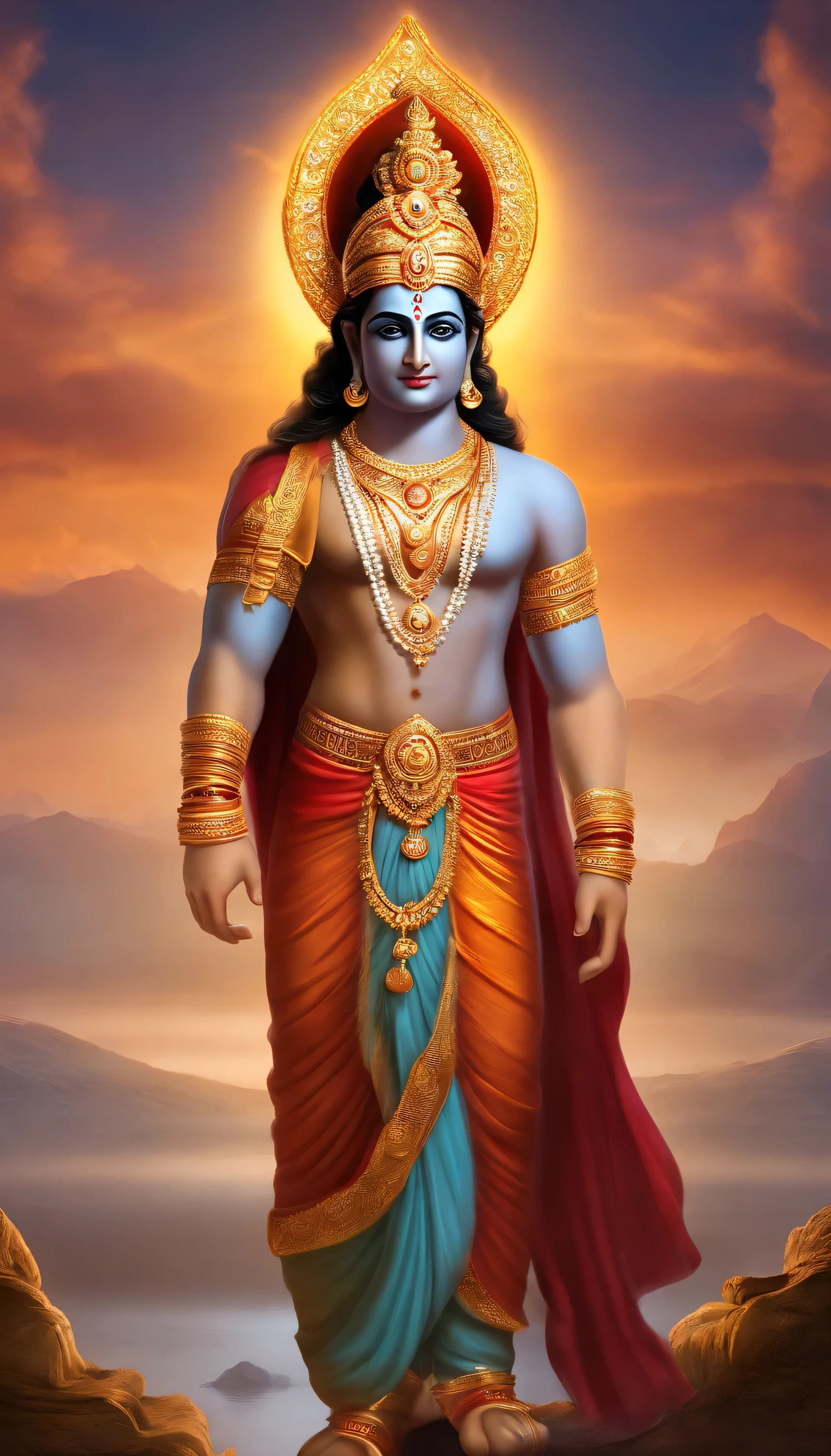 /imagine prompt: 3d animation, personality: [Visualize a majestic shot of Lord Rama standing tall in his divine attire, radiating a sense of tranquility and power. The background should be adorned with celestial elements like floating clouds and glowing orbs, enhancing the ethereal atmosphere]unreal engine, hyper real --q 2 --v 5.2 --ar 9:16