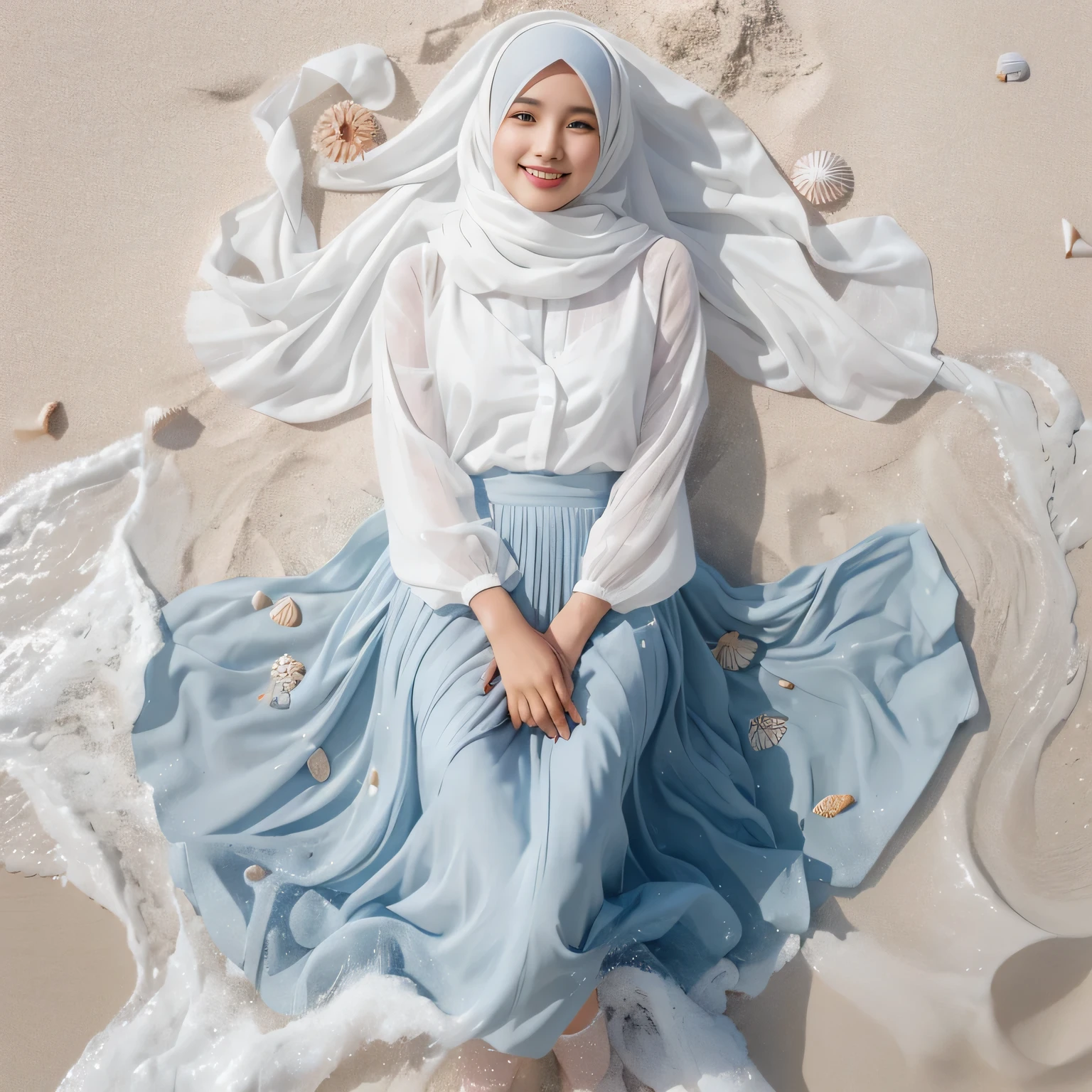TYPE : Beauty Photography
THEME : Natural
RACE : Indonesian, young
PERSON 1 : Early 20s, woman hijab
SCENE : outdoor , a woman is lying on White sand beach , body and hair covered by sea waves, lie up , open eyes , smile , cute expression , surrounded by white sand and sea water, small shells. The person is wearing a white blouse and a light blue long skirt that full covers her legs, and their white hijab is spread out around them. , half body view , water effect , water splash
PROPS: white sand and sea water, small shells , long full closed skirt, white hijab made from shifon fabric
CAMERA : photographed using an Canon eos 90d DSLR camera with 18-135mm lens
, best preset lighting , skin texture , detailed face ,
ANGLE : angled from sky ,High Dynamic Range (HDR) shot , rule of third
adjust the gesture as in the example image