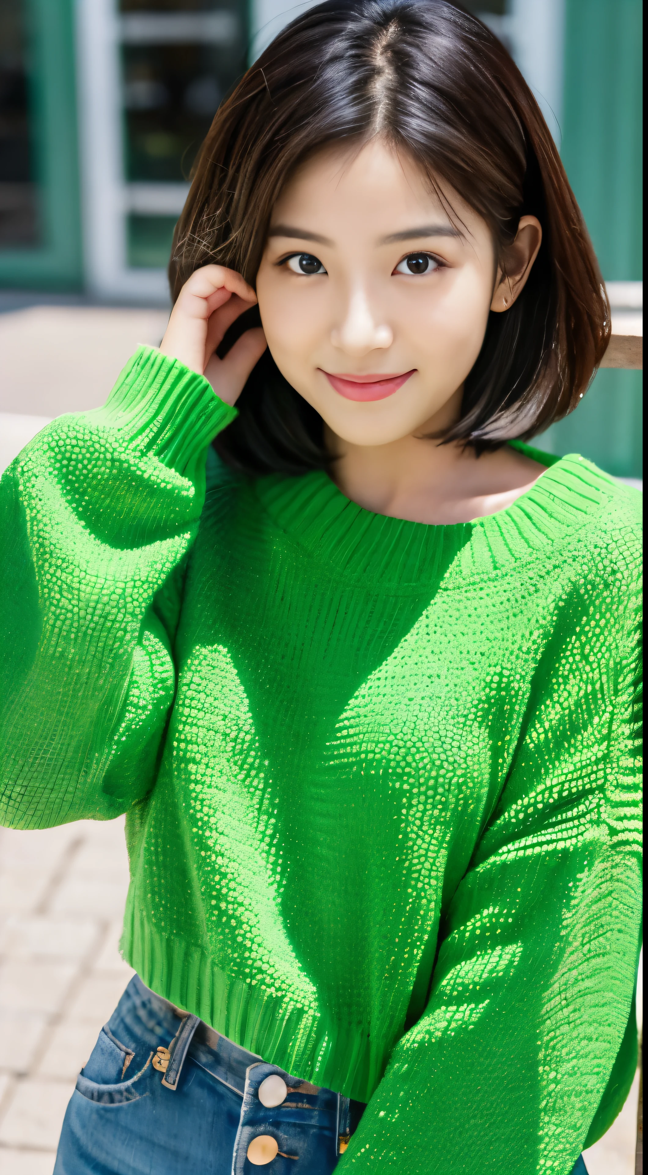 arafed asian woman with short hair and a green sweater, young adorable korean face, portrait of female korean idol, beautiful young korean woman, cute korean actress, with short hair, female actress from korea, gorgeous young korean woman, young cute wan asian face, beautiful south korean woman, korean symmetrical face, girl cute-fine-face, korean girl, korean woman