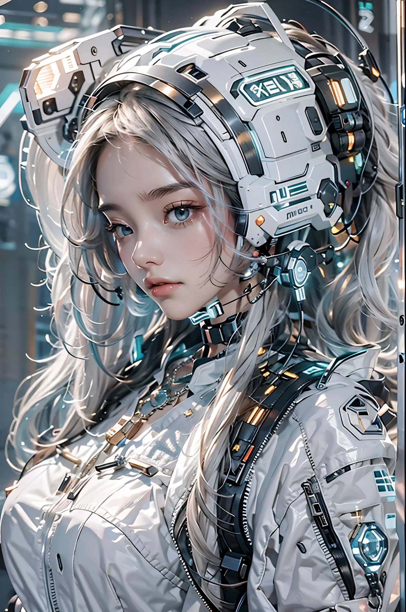 best quality,masterpiece,16k,1girl,Cyberpunk,headset,Mechanical earphones,Luminous earphones,Mechanical necklace,Mechanical earphones with multiple line light sources,Complex structured headphones,Positive close-up,zipper,The electronic display screen structural component on the earpiece of the earphone,indoor,Grey white knitted lining,Black jacket,Mechanical neck guards with complex structures,Array of luminous lines on the front side of the shoulder,necklace,Fragmented mechanical jewelry,Technological background,High brightness contrast,Complex earphones,Complex mechanical jewelry,night