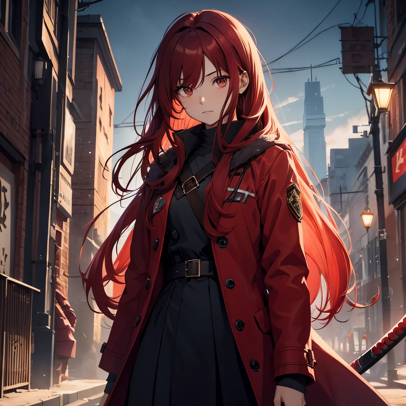 Woman, red long hair, messy hair, Brown eyes, light in eyes, red woman's overcoat, blue katana, uniform clothes, dark city broken background, raised locks of hair style