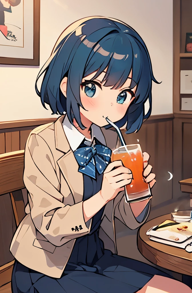 Light brown blazer、Dark blue short hair、Kantai Collection Style, anime girl with blue hair and a bow tie holding a glass of beer, moe, an anime drawing by Eizan Kikukawa, is ((drinking a cup of tea)), marin kitagawa fanart, kantai collection style, with a drink, anime girl drinks energy drink、sit
