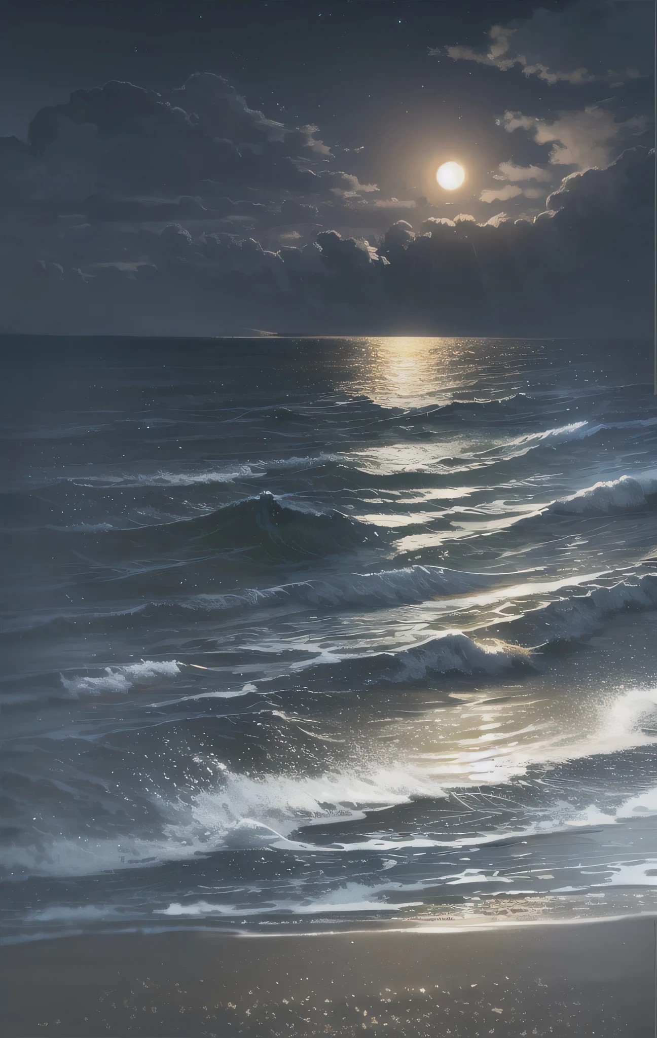 (Moonlight night),(on the beach,rough waves),(dramatic lighting),(contour),(sparkling sand),(Peaceful and relaxing atmosphere)