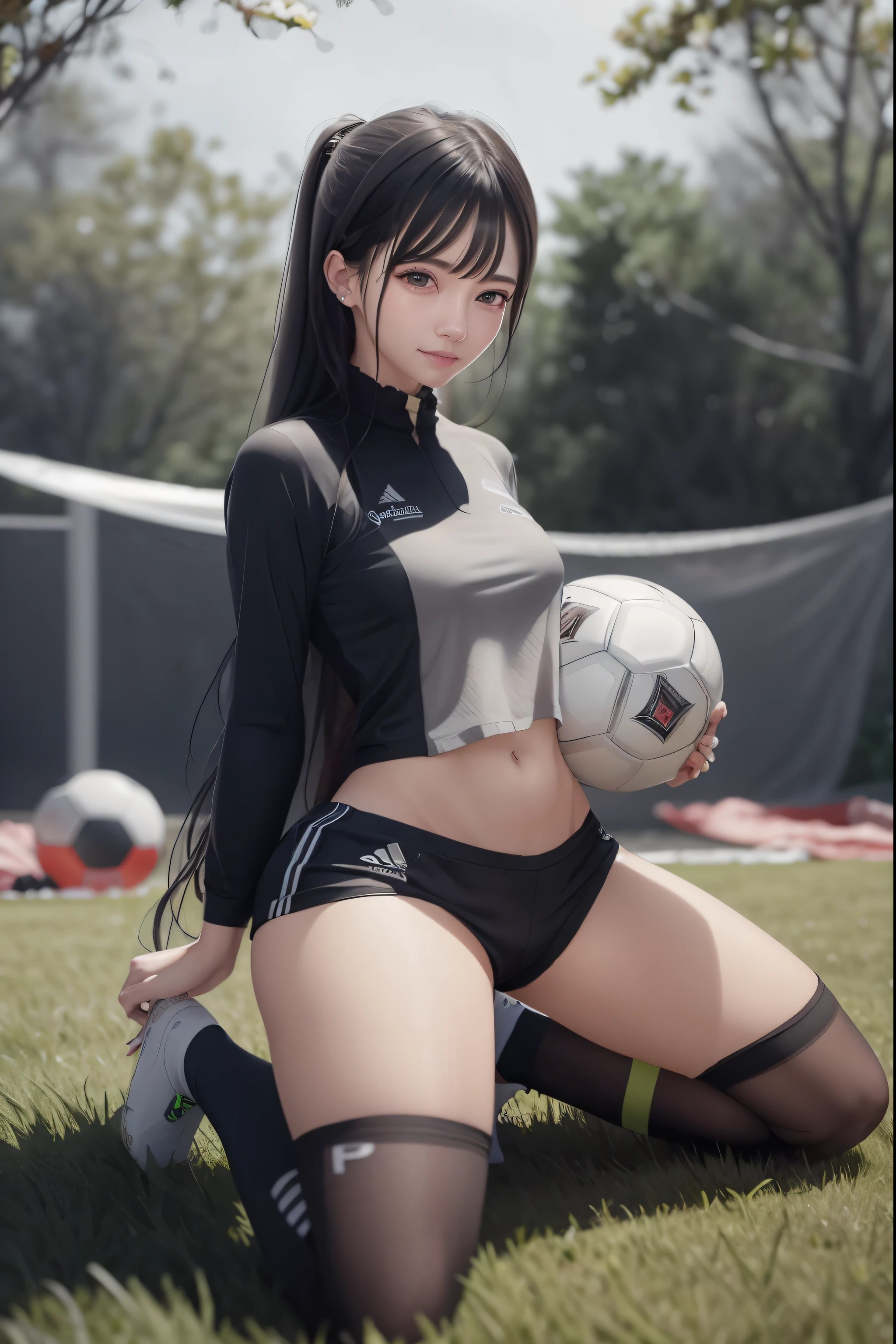 Beautiful young woman in a soccer uniform sits on the floor with a soccer ball.., Black hair tied into a ponytail, smooth, wear glasses, [ 4K photo realism ]!!, [ 4K photo realism ]!!!, Cheng Wei Pan on ArtStation, Realistic 3D anime style, Highly detailed 4K digital artwork., [ digital art 4k ]!!, Akihiko Yoshida. unreal engine