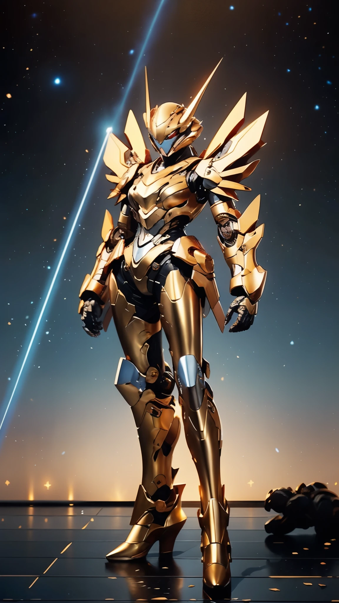 A woman adorned in fantasy-style full-body armor, a crown-concept fully enclosed helmet that unveils only her eyes, a composite layered chest plate, fully encompassing shoulder and hand guards, a lightweight waist armor, form-fitting shin guards, the overall design is heavy-duty yet flexible, ((the armor gleams with a golden glow, complemented by red and blue accents)), exhibiting a noble aura, she floats above a fantasy-surreal high-tech city, this character embodies a finely crafted fantasy-surreal style armored hero in anime style, exquisite and mature manga art style, (Queen bee mixed with Spider concept Armor, plasma, blood), ((Element, energy, elegant, goddess, femminine:1.5)), metallic, high definition, best quality, highres, ultra-detailed, ultra-fine painting, extremely delicate, professional, anatomically correct, symmetrical face, extremely detailed eyes and face, high quality eyes, creativity, RAW photo, UHD, 32k, Natural light, cinematic lighting, masterpiece-anatomy-perfect, masterpiece:1.5