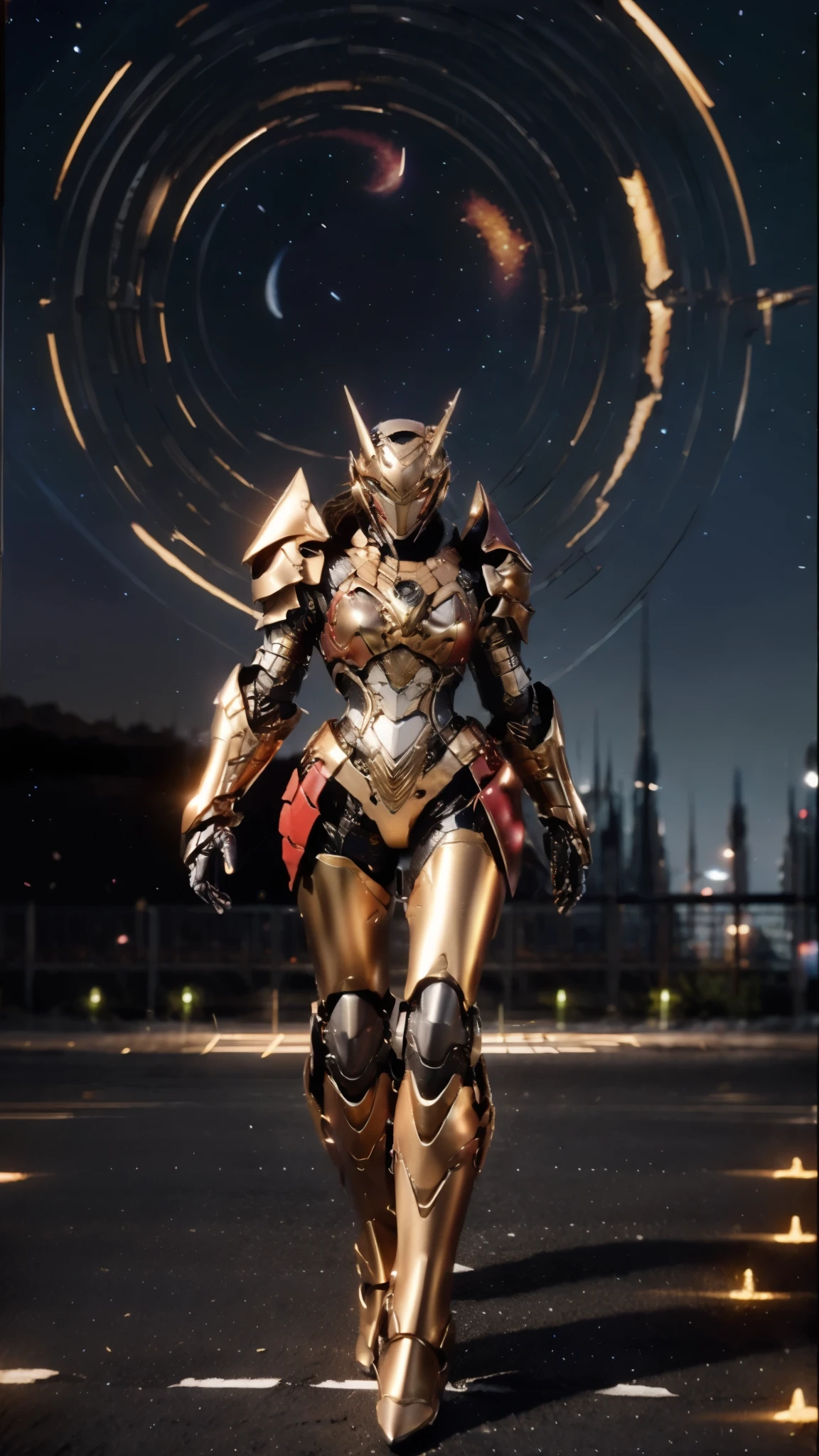 A woman adorned in fantasy-style full-body armor, a crown-concept fully enclosed helmet that unveils only her eyes, a composite layered chest plate, fully encompassing shoulder and hand guards, a lightweight waist armor, form-fitting shin guards, the overall design is heavy-duty yet flexible, ((the armor gleams with a golden glow, complemented by red and blue accents)), exhibiting a noble aura, she floats above a fantasy-surreal high-tech city, this character embodies a finely crafted fantasy-surreal style armored hero in anime style, exquisite and mature manga art style, (Queen bee mixed with Spider concept Armor, North America woman), ((night sky, city night view, elegant, goddess, femminine:1.5)), metallic, high definition, best quality, highres, ultra-detailed, ultra-fine painting, extremely delicate, professional, anatomically correct, symmetrical face, extremely detailed eyes and face, high quality eyes, creativity, RAW photo, UHD, 32k, Natural light, cinematic lighting, masterpiece-anatomy-perfect, masterpiece:1.5