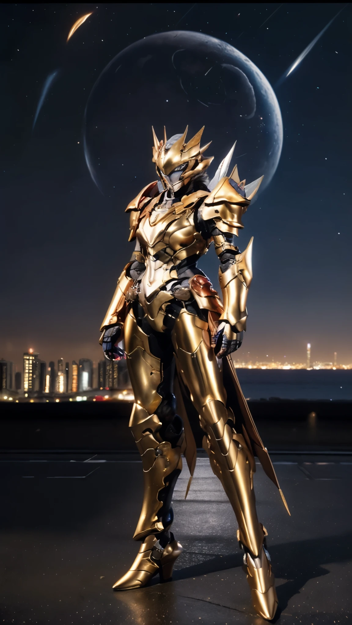 A woman adorned in fantasy-style full-body armor, a crown-concept fully enclosed helmet that unveils only her eyes, a composite layered chest plate, fully encompassing shoulder and hand guards, a lightweight waist armor, form-fitting shin guards, the overall design is heavy-duty yet flexible, ((the armor gleams with a golden glow, complemented by red and blue accents)), exhibiting a noble aura, she floats above a fantasy-surreal high-tech city, this character embodies a finely crafted fantasy-surreal style armored hero in anime style, exquisite and mature manga art style, (Queen bee mixed with Spider concept Armor, North America woman), ((night sky, city night view, elegant, goddess, femminine:1.5)), metallic, high definition, best quality, highres, ultra-detailed, ultra-fine painting, extremely delicate, professional, anatomically correct, symmetrical face, extremely detailed eyes and face, high quality eyes, creativity, RAW photo, UHD, 32k, Natural light, cinematic lighting, masterpiece-anatomy-perfect, masterpiece:1.5