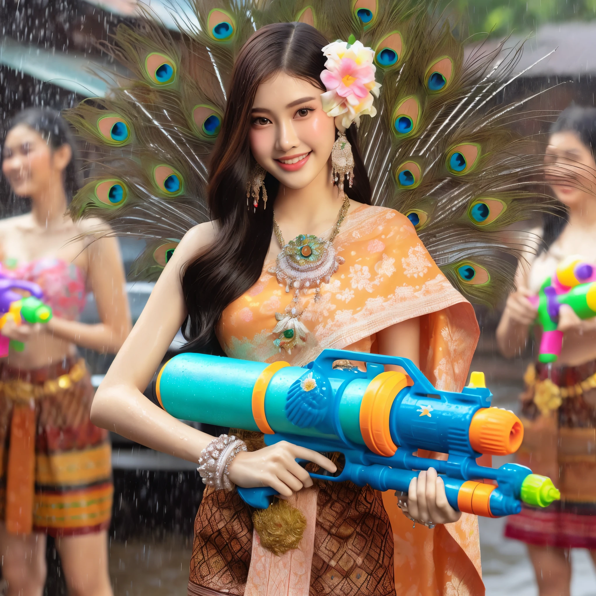 Create an image of a Thai girl wearing a floral Thai dress. Decorated with peacock tail Holding a large water gun together with a peacock looks beautiful. Having fun spraying water, standing shyly, getting wet, the scene is a Songkran festival in Thailand. There are groups of people splashing water having fun. Realistic images, spectacular images, beautiful lighting, wide angle images.