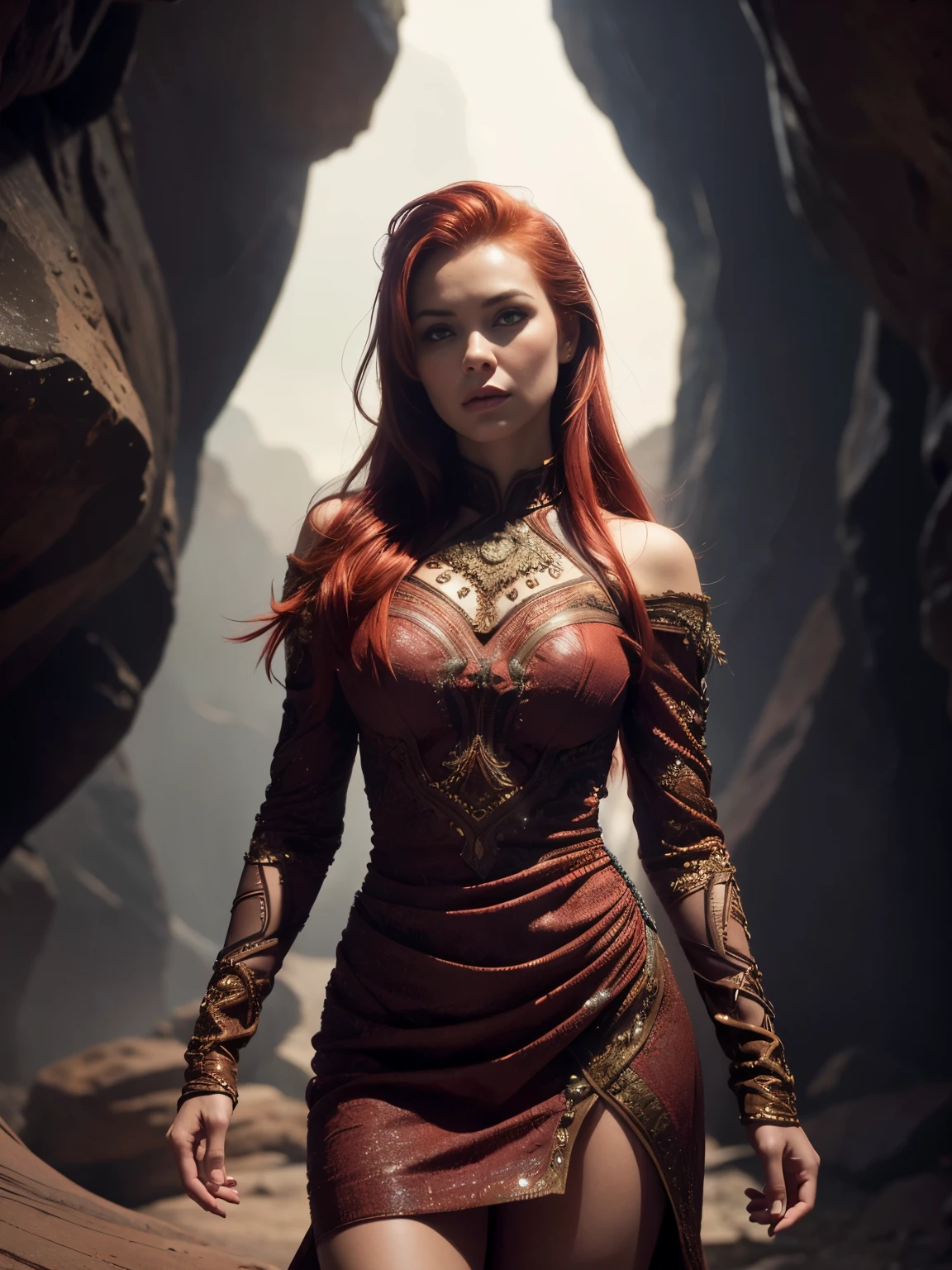 (((fisheye-8mmlenasterpiece, (((Redhead in intricate dress standing in cinematic canyon slit,t))) softlighting, Very detailed, dramatic lighting, trending digital art on Artstation 8k HD high definition detailed realistic, Detailed, texture realistic skin texture, Armure, Best quality, ultra highres, (photoreallistic:1.4), High resolution, Detailed,rawNikon D850 Film Stock Photography 4 Kodak Portra 400 ,rich colors hyper realistic lifelike texture dramatic lighting unrealengine trending on artstation cinestill 800