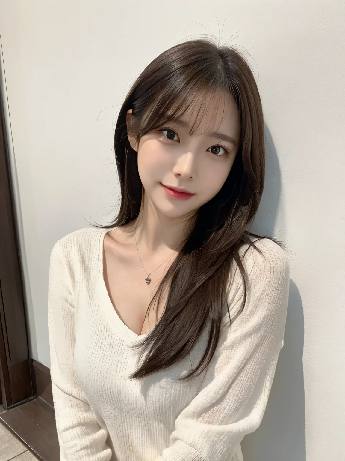 (Highly realistic photos, High resolution, detailed face, fine eyes), ((Taken in front of a white wall))、japanese woman, 40 years old, various expressions, alone:1, slim figure, different hairstyles, casual clothes, Only one person appears in the photo、long sleeve dress、Photographed in natural light、simple necklace、spring clothes、don't look at the camera、profile、dark brown hair color、bob hair、Hands are not visible