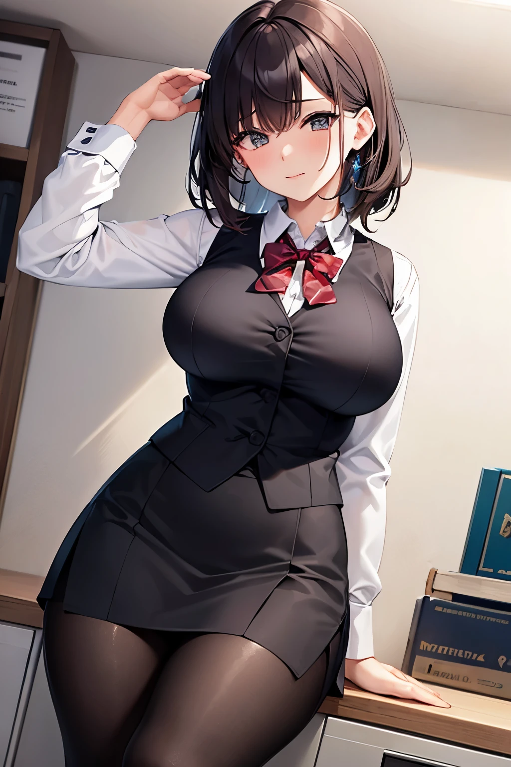 (((masterpiece))),(((high resolution)))、(((8K)))、(((perfect face)))、(((Korean Secretary)))、(((collared shirt)))、(((business skirt)))、(((tights)))、big breasts、Plump、embarrassed expression、looking at the camera、NSFW
