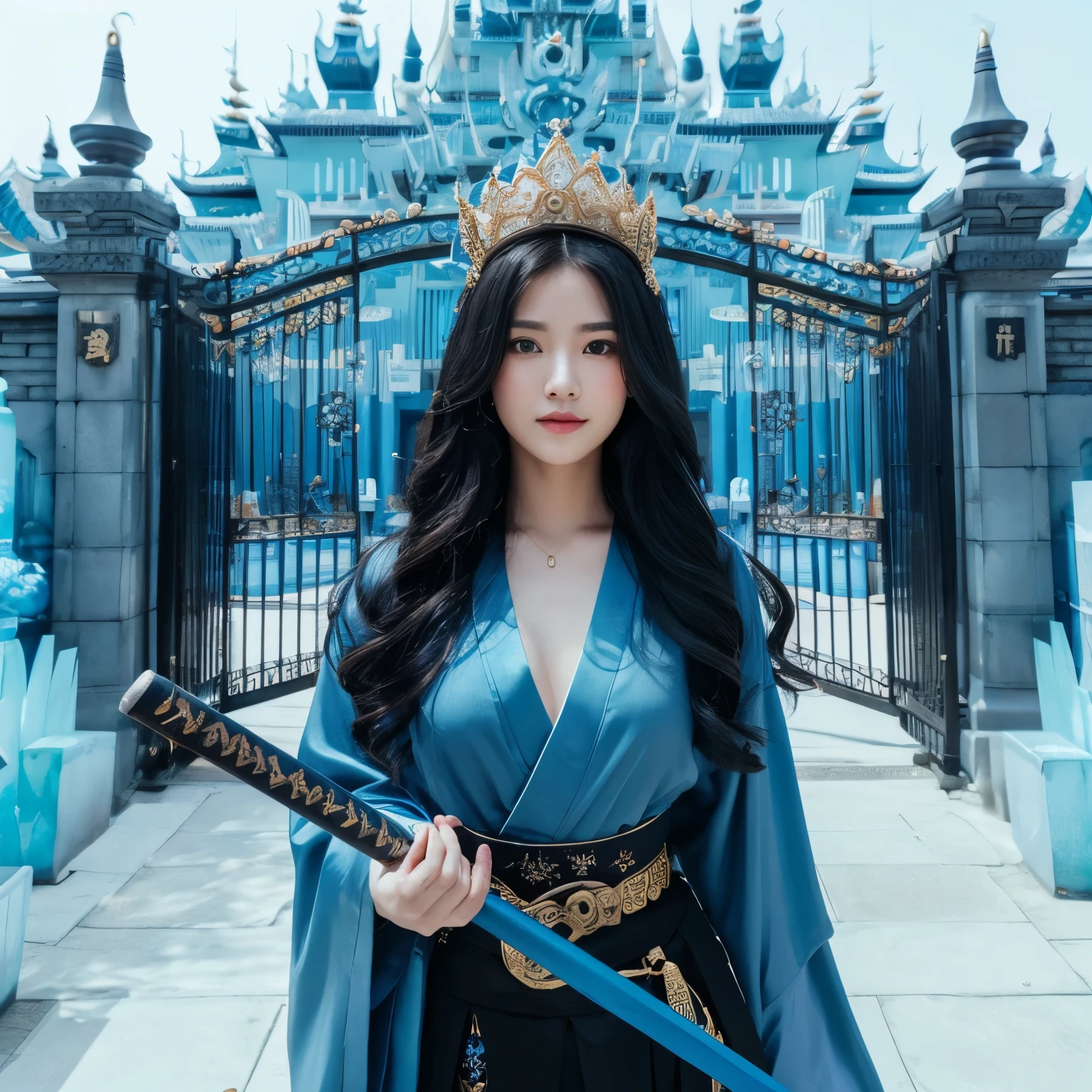 photography. Beautiful Indonesian woman, long black hair, white skin, 23 years old, wearing a gold crown, wearing blue samurai clothes, wearing black pants, wearing black shoes, standing in front of the gate, the gate is open, holding a blue katana. blue ice royal palace background. the object is slightly visible far from the camera.