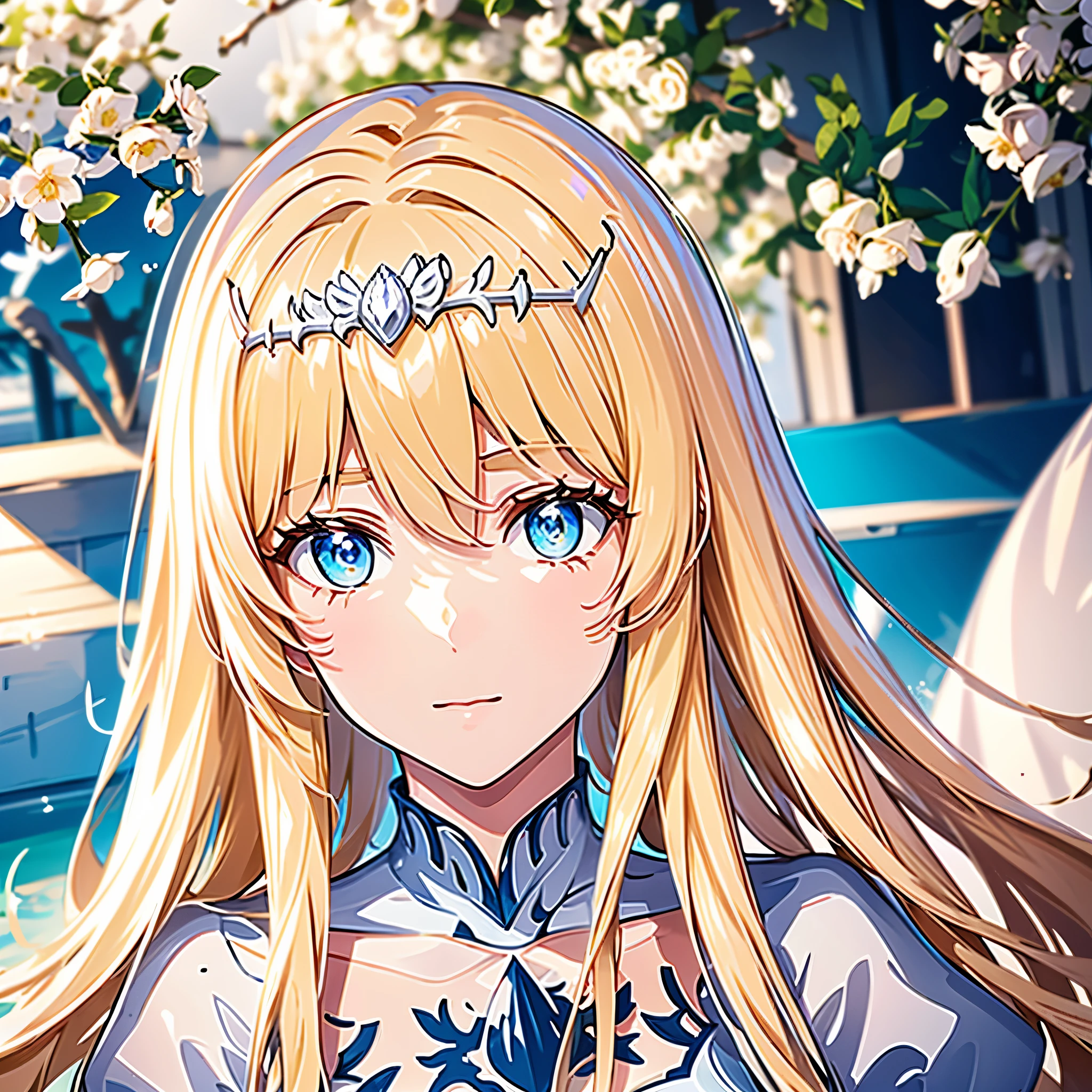（tmasterpiece，best qualtiy：1.6），cowboy lens，upper legs，beuaty girl，（blossoms，Many small white petals：1.3），trpical garden，blue-sky，looking at viewert，，offcial art，RAW photogr，Incredibly Ridiculous res，face illuminated，dynamic lighting，cinmatic lighting，Ultra photo realsisim，A high resolution，photography of，Sharp focus，highest details，extremy detailed，ultra - detailed，finedetail，extremely detailed eyes and face，1girl, Calca, blonde hair, extremely long hair, white tiara, tiara on her head, white dress, blue eyes, medium breasts