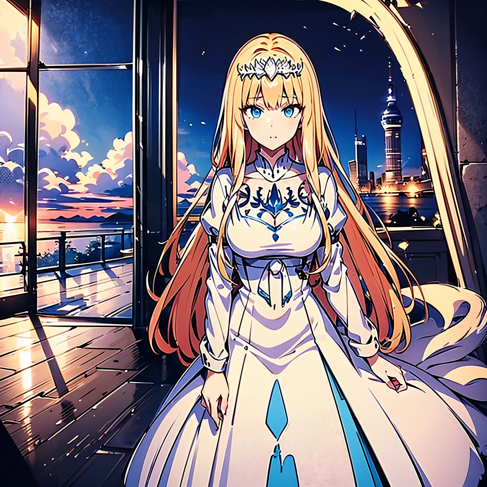 The final Stable Diffusion prompt is as follows:
"(best quality,4k,8k,highres,masterpiece:1.2),ultra-detailed,(realistic,photorealistic,photo-realistic:1.37),nighttime glow,detailed beautiful eyes:1.2),beautiful girl,slender,shiny skin,,inside the room,,full body, 1girl, Calca, blonde hair, extremely long hair, very long hair, extra long hair, two meters length hair, dense hair, white tiara, tiara on her head, white dress, blue eyes, medium breasts