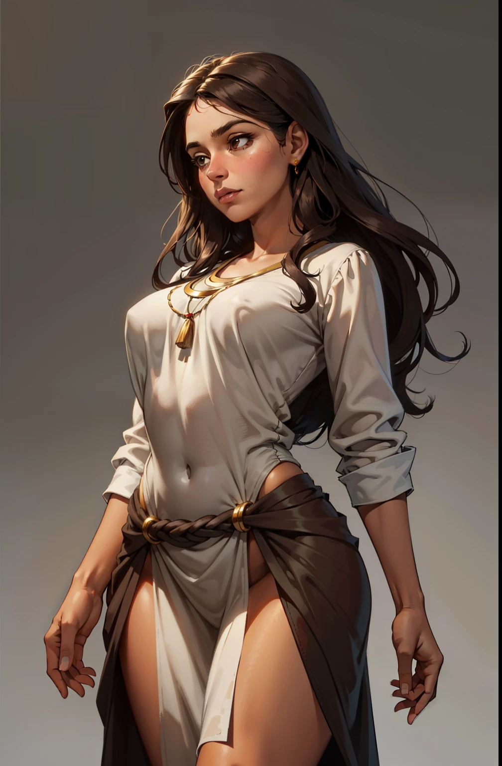 studio background, fundo simples, uma , latina face, brown skin, long natural dark hair, glamour, Stand up, maquiagem, Lips are soft or colored, , silhuetas fluidas, Stand Up, provocador, surprised facial expression, bashful, simple lighting and texture, fantasy farmer elegant clothes