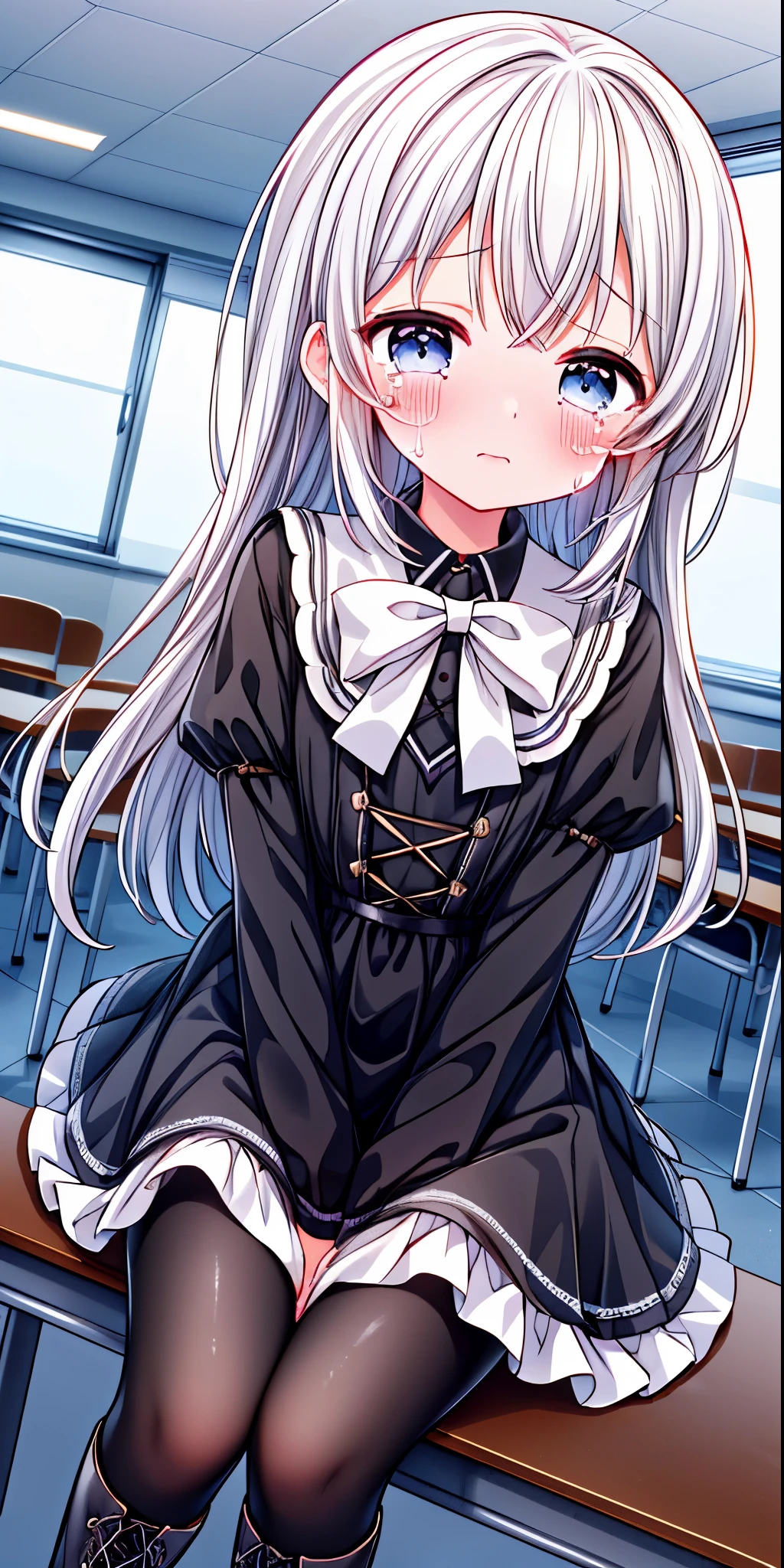 Black lace-up boots,white pantyhose,blush害羞,classroom scene,girl,,((absurd)), ((on the table)), (best quality), (lens flare), (Super detailed), (beautiful), ((cute girl)), alone, beautiful face, White skin, on the table, (10 : 1.3), , 、A girl goes to the toilet、 permanent, is crying, close her eyes, tears flow from eyes, Embarrassment comes from, blush), (girl is peeing: 1.2),, look away, sitting, Awkward, blush, The mouth opens slightly, classroom (girl leaking urine): 1.5)