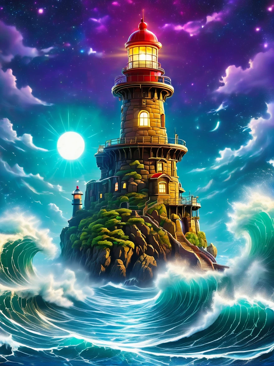 Lovely lighthouse made in Persian architectural style，dark night，huge waves，cliff，(light on top of lighthouse)，3D style，lbender，Cute surface color，The strongest in the universe，Lead navigation，future technology，mechanical lighthouse，Studio Ghibli style，clean background，Simple