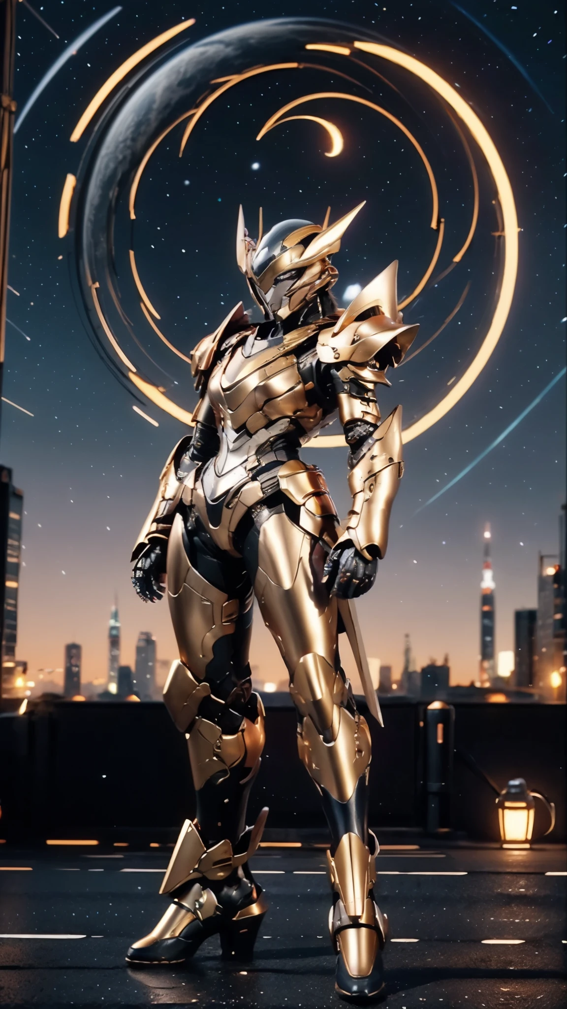 A woman adorned in fantasy-style full-body armor, a crown-concept fully enclosed helmet that unveils only her eyes, a composite layered chest plate, fully encompassing shoulder and hand guards, a lightweight waist armor, form-fitting shin guards, the overall design is heavy-duty yet flexible, ((the armor gleams with a golden glow, complemented by red and blue accents)), exhibiting a noble aura, she floats above a fantasy-surreal high-tech city, this character embodies a finely crafted fantasy-surreal style armored hero in anime style, exquisite and mature manga art style, (Queen bee mixed with Spider concept Armor, North America woman), ((night sky, city night view, elegant, goddess, femminine:1.5)), metallic, high definition, best quality, highres, ultra-detailed, ultra-fine painting, extremely delicate, professional, anatomically correct, symmetrical face, extremely detailed eyes and face, high quality eyes, creativity, RAW photo, UHD, 32k, Natural light, cinematic lighting, masterpiece-anatomy-perfect, masterpiece:1.5