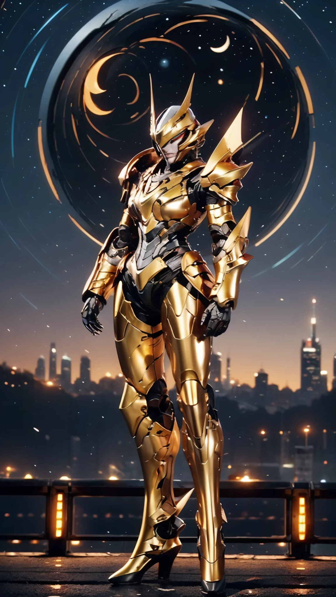 A woman adorned in fantasy-style full-body armor, a crown-concept fully enclosed helmet that unveils only her eyes, a composite layered chest plate, fully encompassing shoulder and hand guards, a lightweight waist armor, form-fitting shin guards, the overall design is heavy-duty yet flexible, ((the armor gleams with a golden glow, complemented by red and blue accents)), exhibiting a noble aura, she floats above a fantasy-surreal high-tech city, this character embodies a finely crafted fantasy-surreal style armored hero in anime style, exquisite and mature manga art style, (Queen bee mixed with Spider concept Armor, North America woman), ((night sky, city night view, elegant, goddess, femminine:1.5)), metallic, high definition, best quality, highres, ultra-detailed, ultra-fine painting, extremely delicate, professional, anatomically correct, symmetrical face, extremely detailed eyes and face, high quality eyes, creativity, RAW photo, UHD, 32k, Natural light, cinematic lighting, masterpiece-anatomy-perfect, masterpiece:1.5