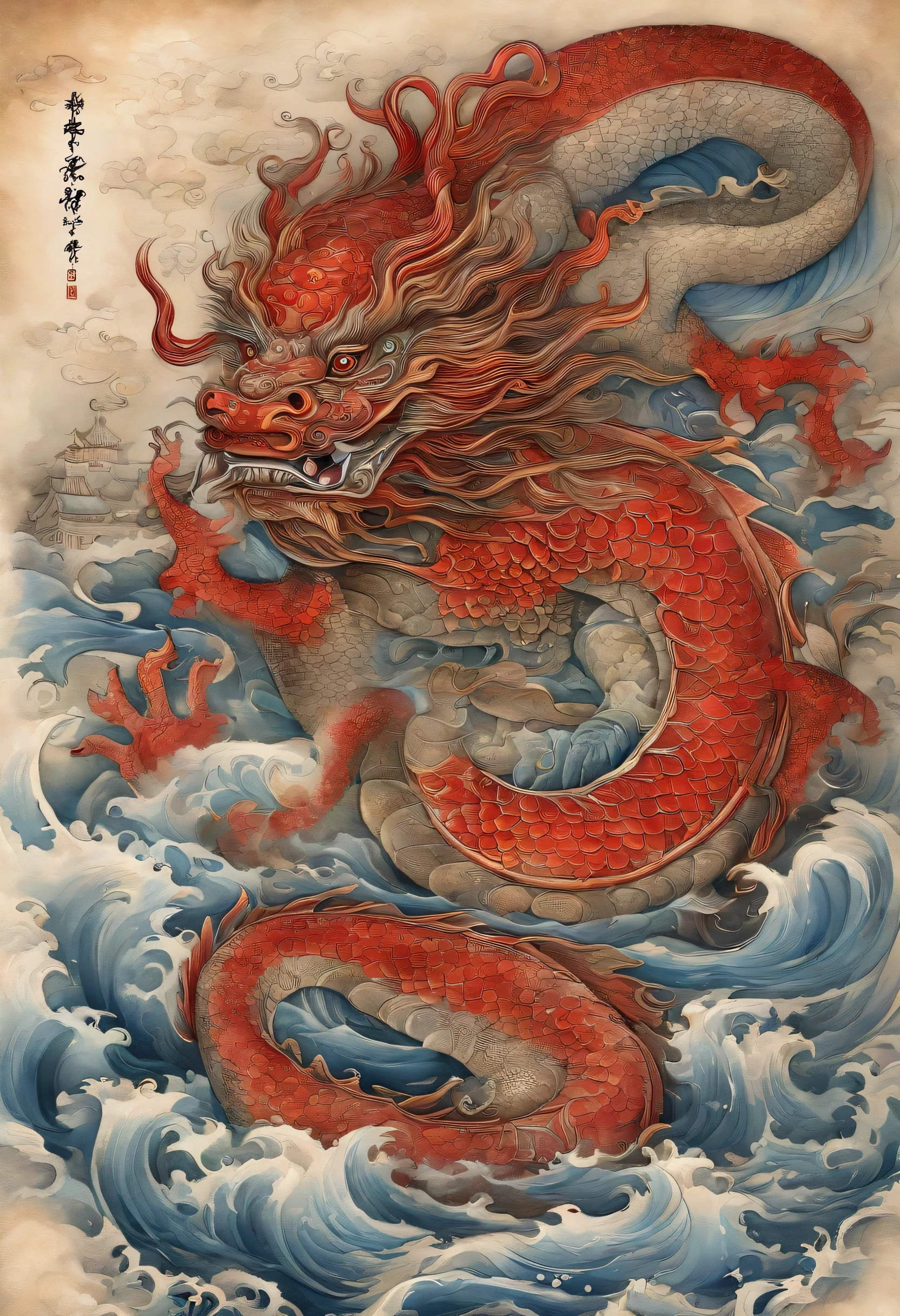 浮世绘风格 ocean报设计中的图形是红色, 水墨画中的中国dragonturtle, 和dragon的组合, Red, as water god, 生活在北ocean, 控制ocean上雷暴, an ancient Chinese god, turtle, dragon, ocean, Stone, super sharp,Details are presented realistically,Xiangyun, depth of field, divine thunder, fantasy coloring, , Decorative Arts, stunning lighting, depth of field浅意, shiny, divine light, Ray tracing, super wide angle, First-person perspective,top down , width, ultra high definition, high quality, Very detailed, textured skin, best quality