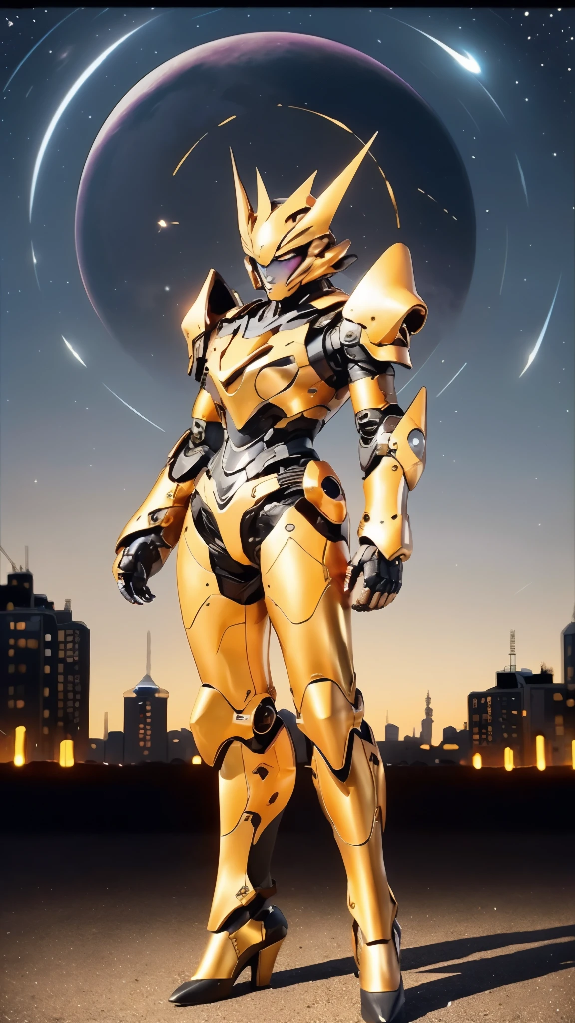 A woman adorned in fantasy-style full-body armor, a crown-concept fully enclosed helmet that unveils only her eyes, a composite layered chest plate, fully encompassing shoulder and hand guards, a lightweight waist armor, form-fitting shin guards, the overall design is heavy-duty yet flexible, ((the armor gleams with a golden glow, complemented by red and blue accents)), exhibiting a noble aura, she floats above a fantasy-surreal high-tech city, this character embodies a finely crafted fantasy-surreal style armored hero in anime style, exquisite and mature manga art style, (Queen bee mixed with Spider concept Armor, North America woman), ((night sky, city night view, elegant, goddess, femminine:1.5)), metallic, high definition, best quality, highres, ultra-detailed, ultra-fine painting, extremely delicate, professional, anatomically correct, symmetrical face, extremely detailed eyes and face, high quality eyes, creativity, RAW photo, UHD, 32k, Natural light, cinematic lighting, masterpiece-anatomy-perfect, masterpiece:1.5