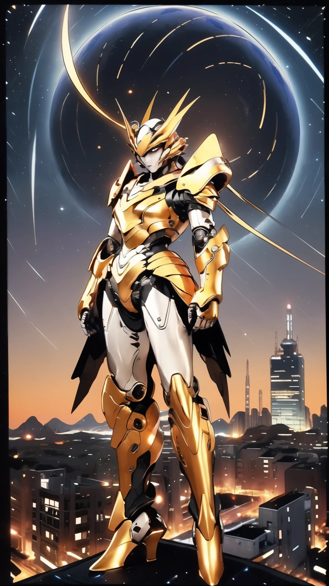 A woman adorned in fantasy-style full-body armor, a crown-concept fully enclosed helmet that unveils only her eyes, a composite layered chest plate, fully encompassing shoulder and hand guards, a lightweight waist armor, form-fitting shin guards, the overall design is heavy-duty yet flexible, ((the armor gleams with a golden glow, complemented by red and blue accents)), exhibiting a noble aura, she floats above a fantasy-surreal high-tech city, this character embodies a finely crafted fantasy-surreal style armored hero in anime style, exquisite and mature manga art style, (Queen bee mixed with Spider concept Armor, North America woman), ((night sky, city night view, elegant, goddess, femminine:1.5)), metallic, high definition, best quality, highres, ultra-detailed, ultra-fine painting, extremely delicate, professional, anatomically correct, symmetrical face, extremely detailed eyes and face, high quality eyes, creativity, RAW photo, UHD, 32k, Natural light, cinematic lighting, masterpiece-anatomy-perfect, masterpiece:1.5