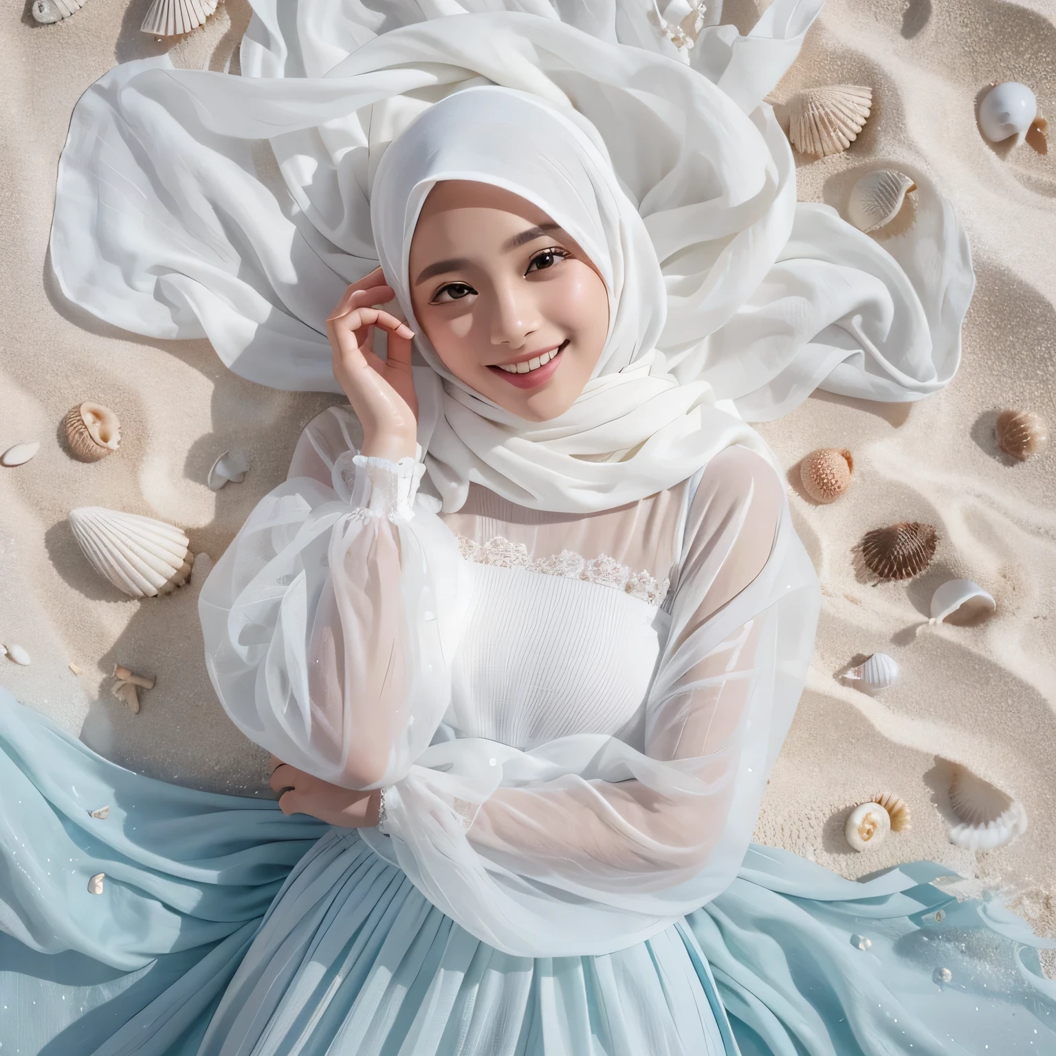 TYPE : Beauty Photography
THEME : Natural
RACE : Indonesian, young
PERSON 1 : Early 20s, woman hijab
SCENE : outdoor , a woman is lying on White sand beach , body and hair covered by sea waves, lie up , open eyes , smile , cute expression , surrounded by white sand and sea water, small shells. The person is wearing a white blouse and a light blue long skirt that full covers her legs, and their white hijab is spread out around them. , half body view , water effect , water splash
PROPS: white sand and sea water, small shells , long full closed skirt, white hijab made from shifon fabric
CAMERA : photographed using an Canon eos 90d DSLR camera with 18-135mm lens
, best preset lighting , skin texture , detailed face ,
ANGLE : angled from sky ,High Dynamic Range (HDR) shot , rule of third
adjust the gesture as in the example image