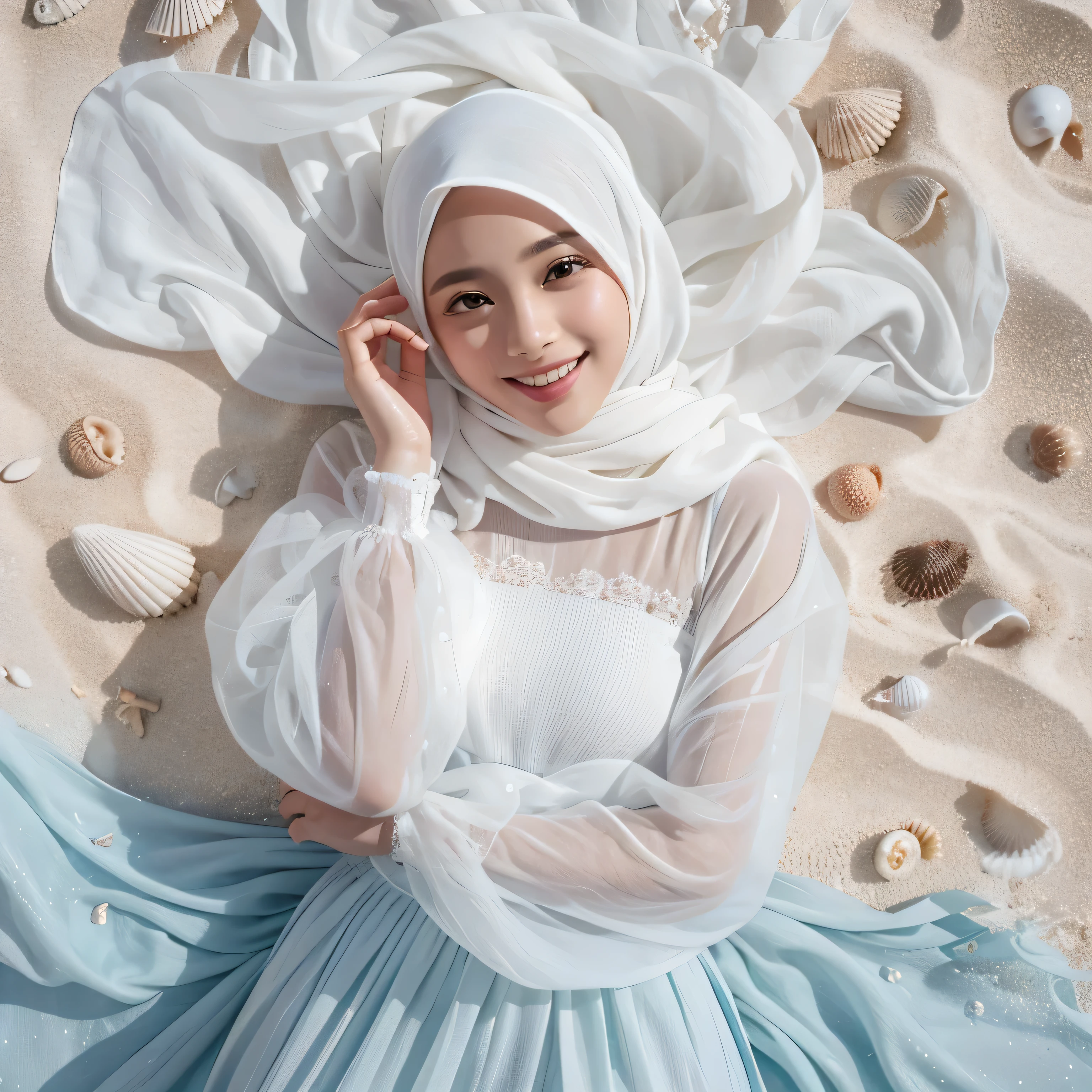 TYPE : Beauty Photography
THEME : Natural
RACE : Indonesian, young
PERSON 1 : Early 20s, woman hijab
SCENE : outdoor , a woman is lying on White sand beach , body and hair covered by sea waves, lie up , open eyes , smile , cute expression , surrounded by white sand and sea water, small shells. The person is wearing a white blouse and a light blue long skirt that full covers her legs, and their white hijab is spread out around them. , half body view , water effect , water splash
PROPS: white sand and sea water, small shells , long full closed skirt, white hijab made from shifon fabric
CAMERA : photographed using an Canon eos 90d DSLR camera with 18-135mm lens
, best preset lighting , skin texture , detailed face ,
ANGLE : angled from sky ,High Dynamic Range (HDR) shot , rule of third
adjust the gesture as in the example image