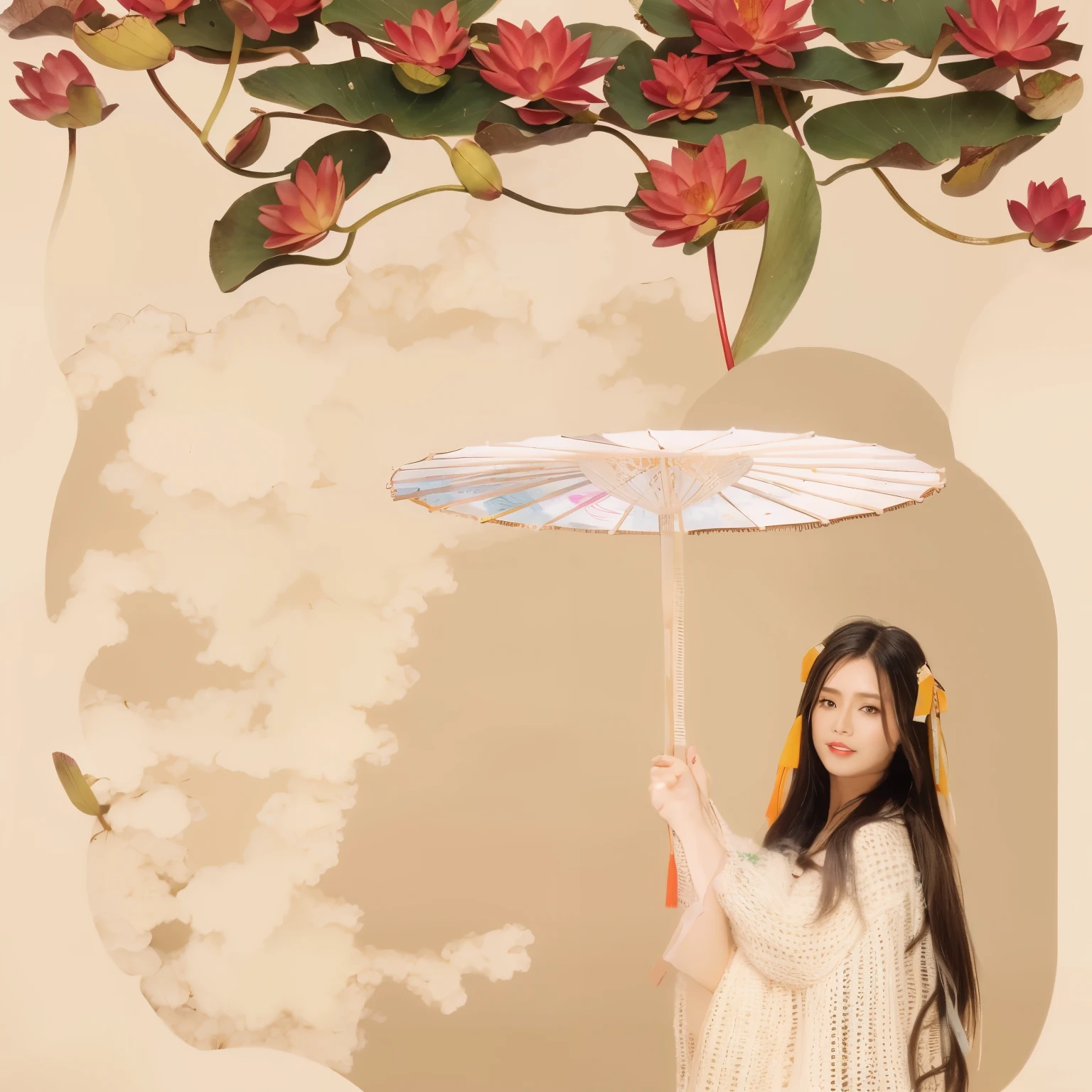 girl,standing,giant lotus leaf,black hair,dress,looking at the audience,
white dress,bun,standing拿着伞,单bun,Leaves,long sleeves,red lips,Realistic,meticulous painting