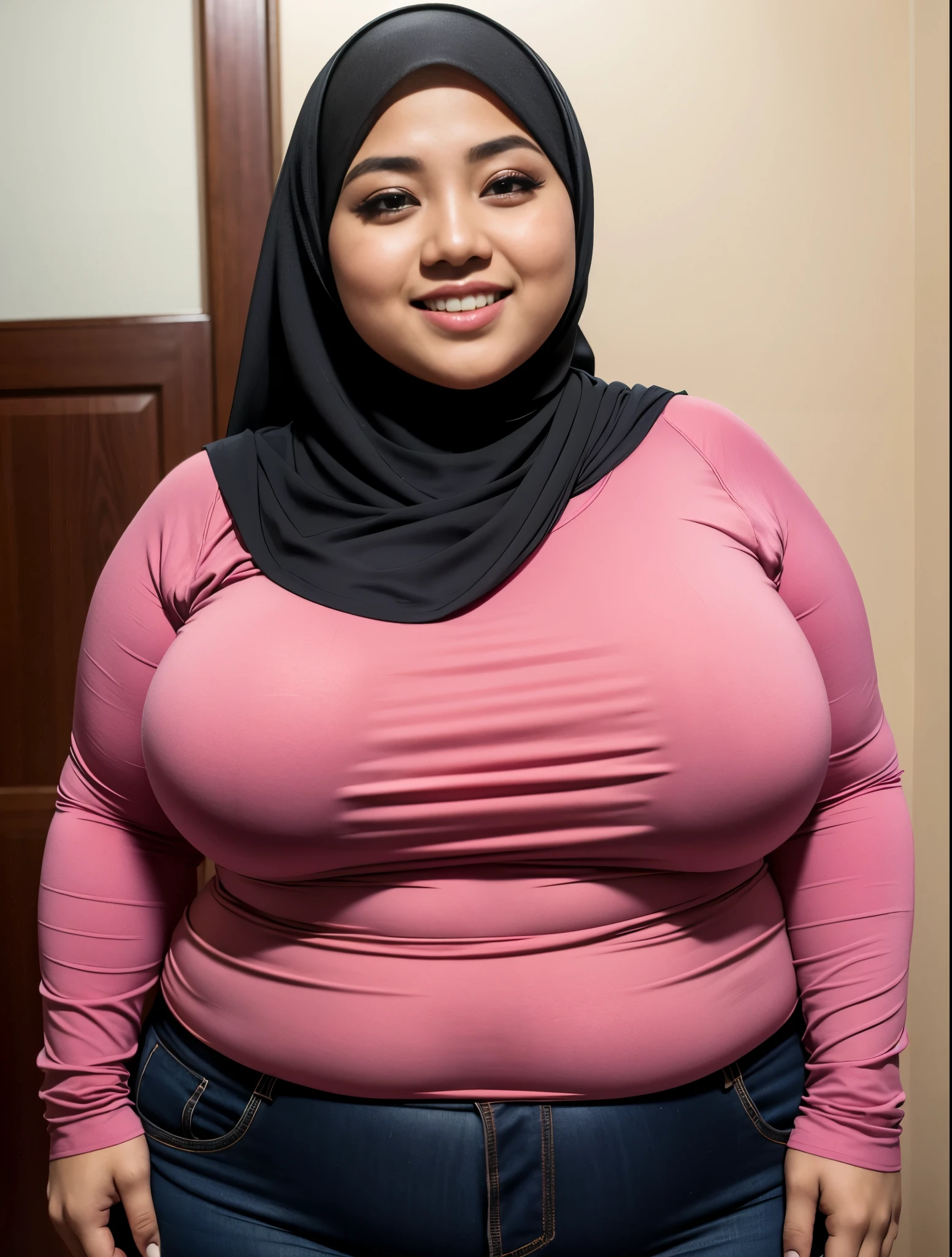 Hijab girl, Indonesian beautiful girl, malaysia girl, bbw body chubby, with huge large massive size , tight shirt, smiling, blushing, random color shirt