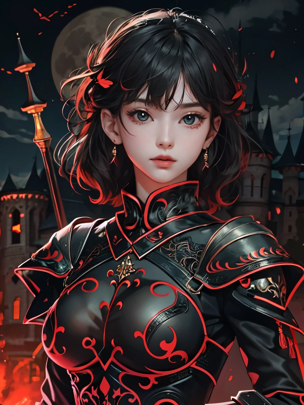 NSFW((masterpiece)), (((Best Quality))), ((Ultra-detailed)), (extremely detailed photo), ((extremely delicate and beautiful)),(Cute delicate face), ((masterpiece)), perfect anatomy, intricate, (highly detailed), masterpiece, photorealistic, (A 25 years old very dignified girl),(red and black armor), (Castle with full moon night in the background) ,solo,short hair, looking at viewer, (holding glowing weapon), double eyelid,delicate skin,slender body shape,