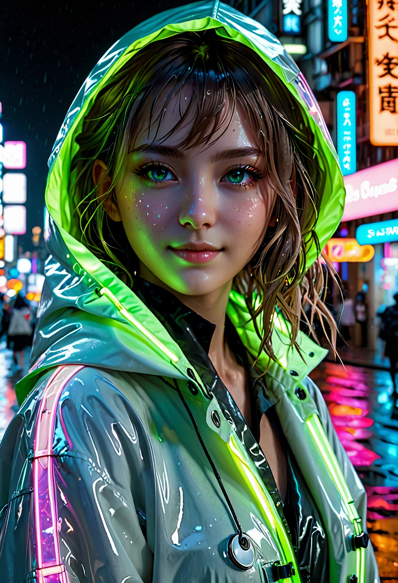 masterpiece, best quality, half body, portrait, night city, 1girl, anime, 3D, Japan, pixar, realistic, teen girl, smiling, cute face, harajuku fashion style, rain coat, beautiful, colourful, neon lights, cyberpunk, smooth skin, illustration, artstation, painting by stanley artgerm lau, sideways glance, foreshortening, extremely detailed 8K, smooth, high resolution, ultra quality, highly detail eyes, highly detail mouth, highly detailed face, perfect eyes, both eyes are the same, true light, glare, Iridescent, Global illumination, real hair movement, real light, real shadow, real face, hd, 2k, 4k, 8k, 16k, realistic light, realistic shadow, bright Eyes, fluorescent eyes, soft light, dream light