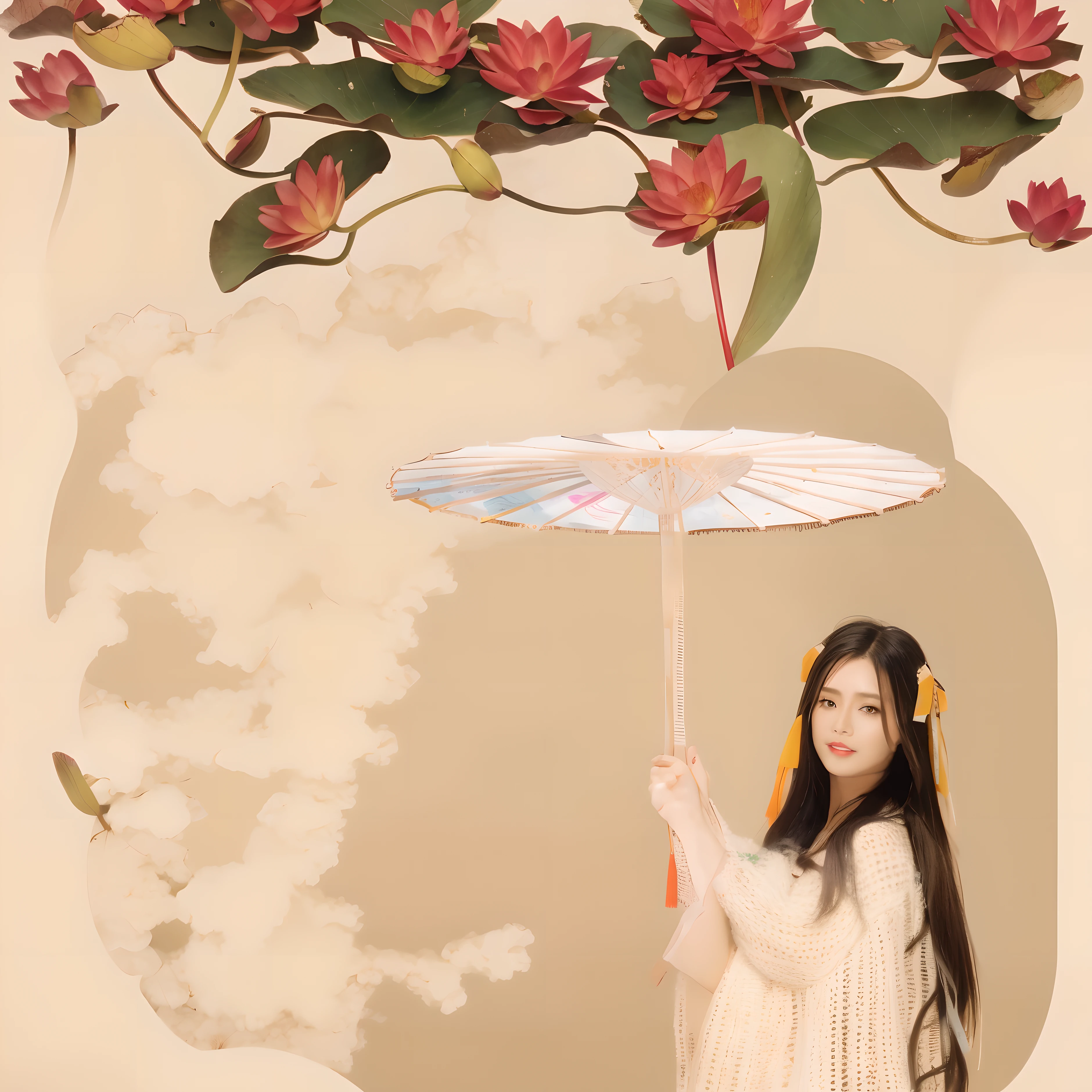 girl，Permanently installed，giant lotus leaf，black hair，skirt，looking at the audience，
white skirt，OK，Permanently installed拿着伞，单OK，Leaves，long sleeves，red lips，actual，Meticulous