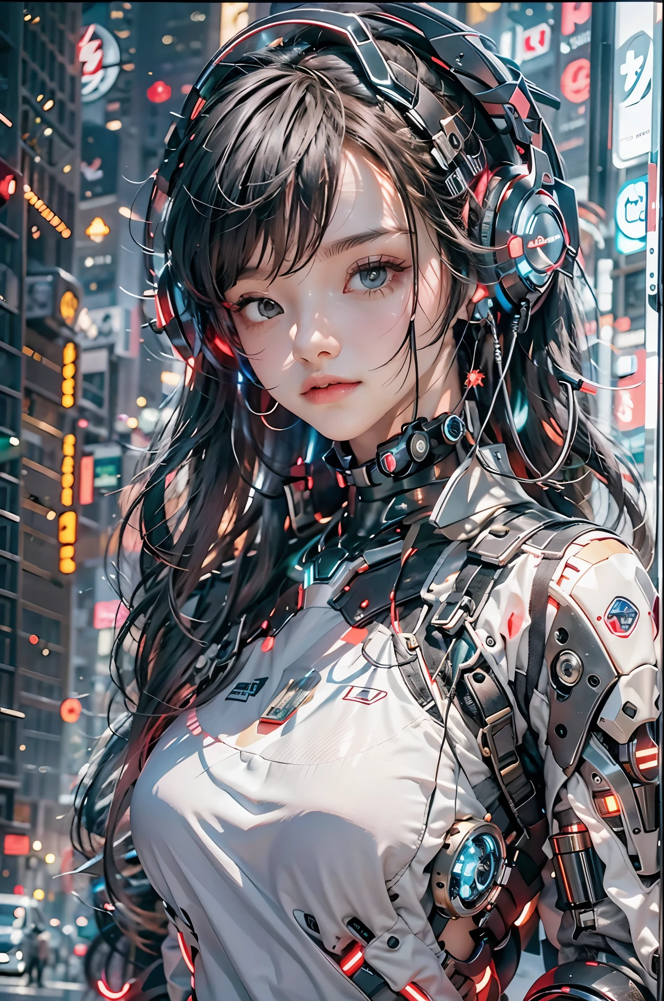 best quality，masterpiece，16k，1girl,Cyberpunk,headset,Mechanical earphones,Luminous earphones,Fragmented mechanical jewelry,Technological background,Positive close-up,Robot arm,The mechanical structure of the earpiece resembling a handgun,Slightly exposed chest,Multi light source earphones,Earphones with super complex mechanical structures,Multi light source neck protection,Emit red light,Strange shaped mechanical earphones,Super complex mechanical earphones,Black mechanical armor,Full body multiple light source points,Urban background,Multi light source background,skyscraper,night